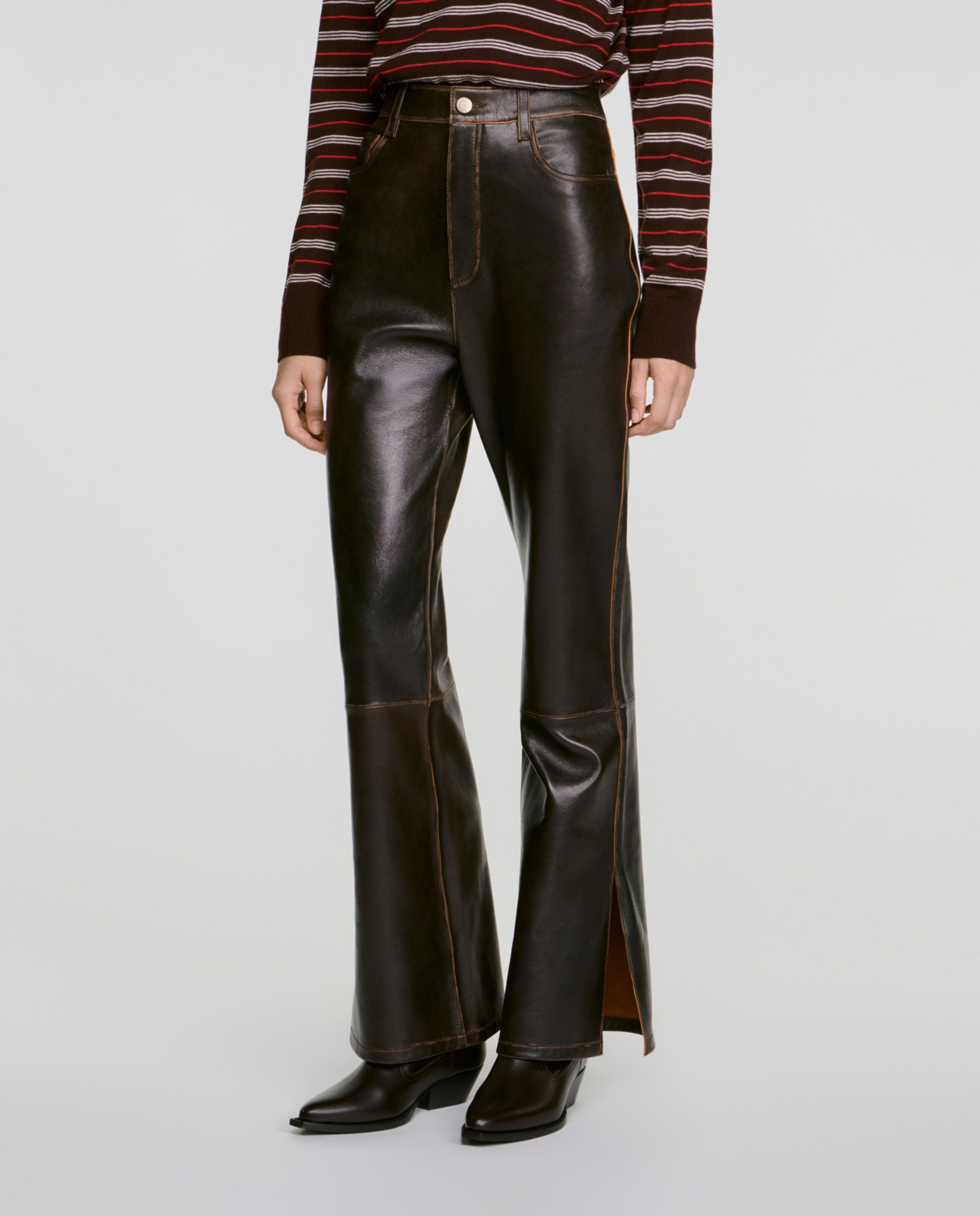 Pantalones acampanados de mujer de piel efecto envejecido - Sandro - Marrón Marrón-2