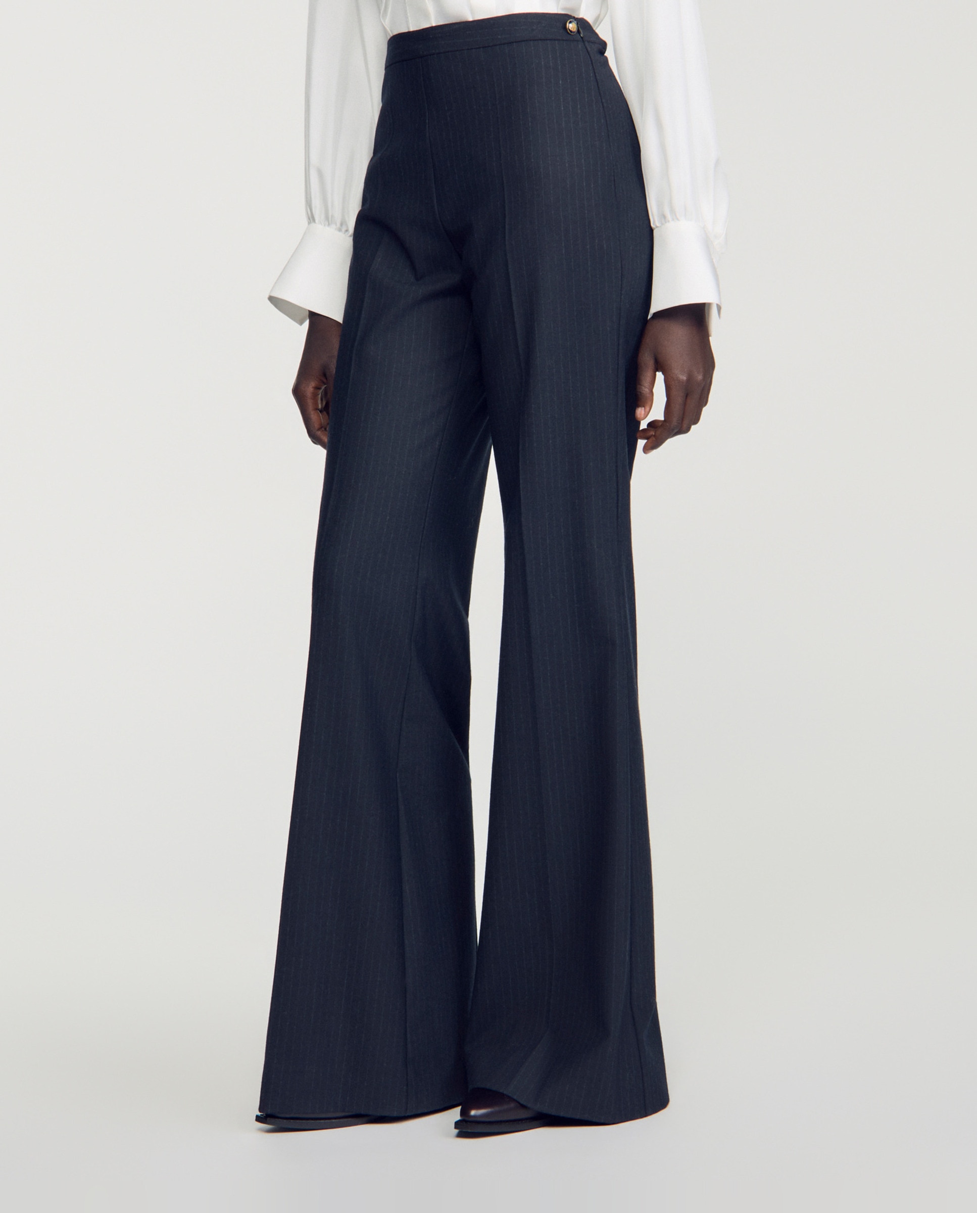 Pantalones de vestir de mujer acampanados de talle alto a rayas con lana - Sandro - Azul marino Azul marino-2