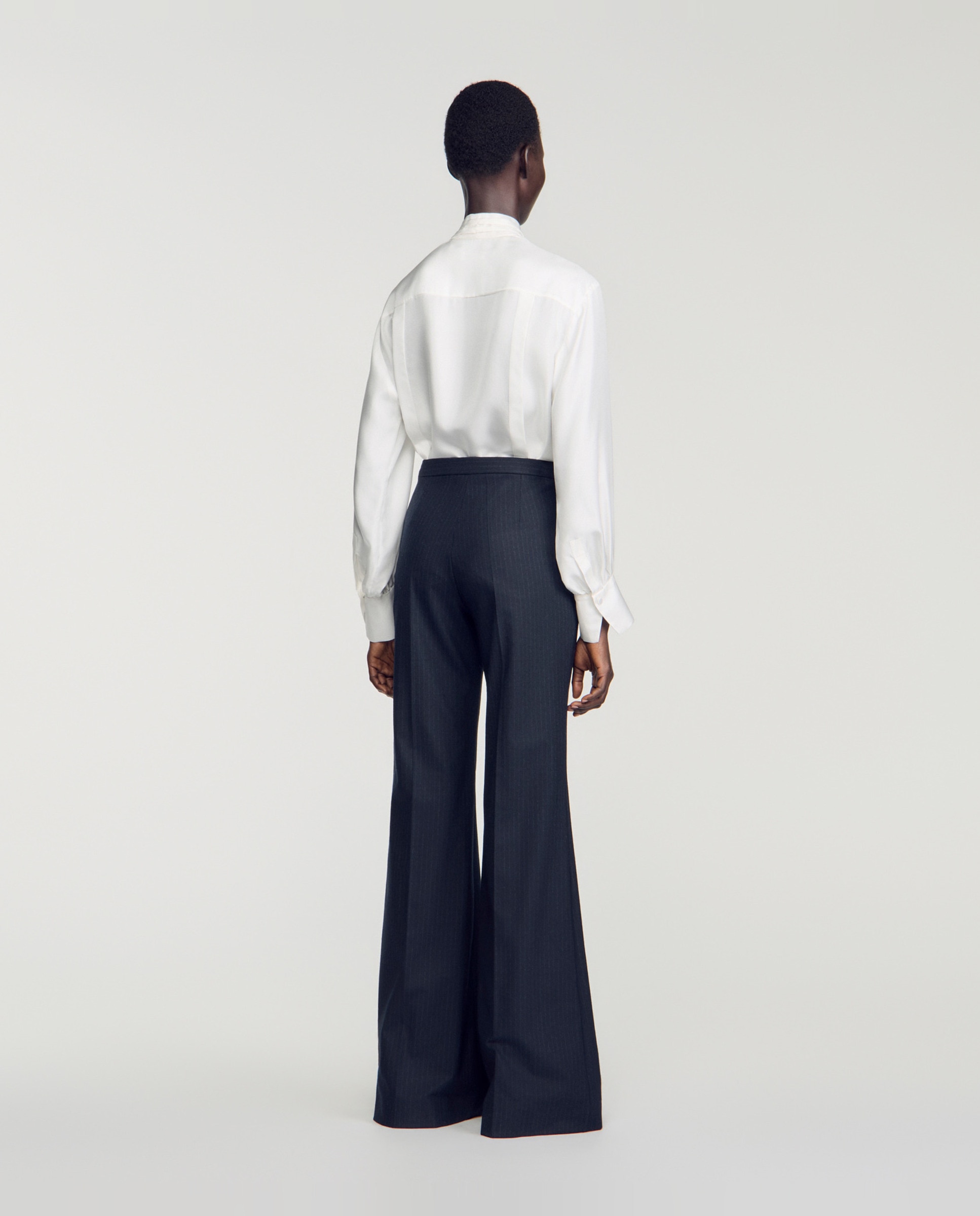 Pantalones de vestir de mujer acampanados de talle alto a rayas con lana - Sandro - Azul marino Azul marino-3