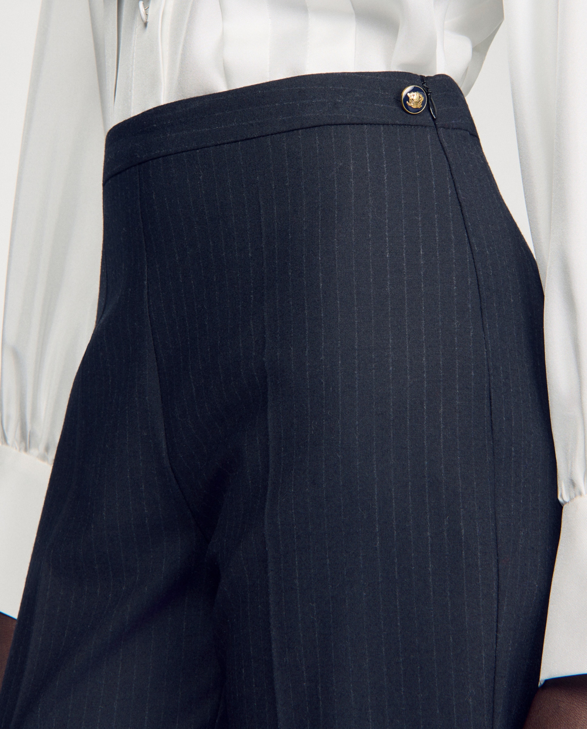 Pantalones de vestir de mujer acampanados de talle alto a rayas con lana - Sandro - Azul marino Azul marino-4