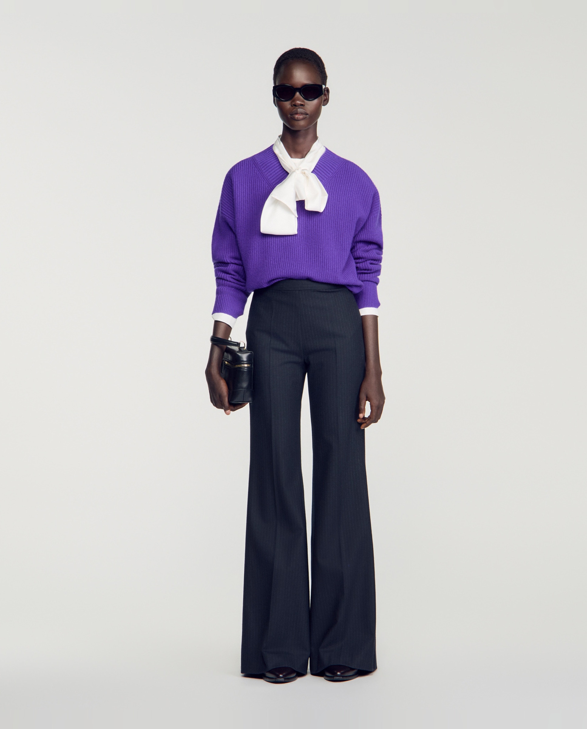 Pantalones de vestir de mujer acampanados de talle alto a rayas con lana - Sandro - Azul marino Azul marino-5