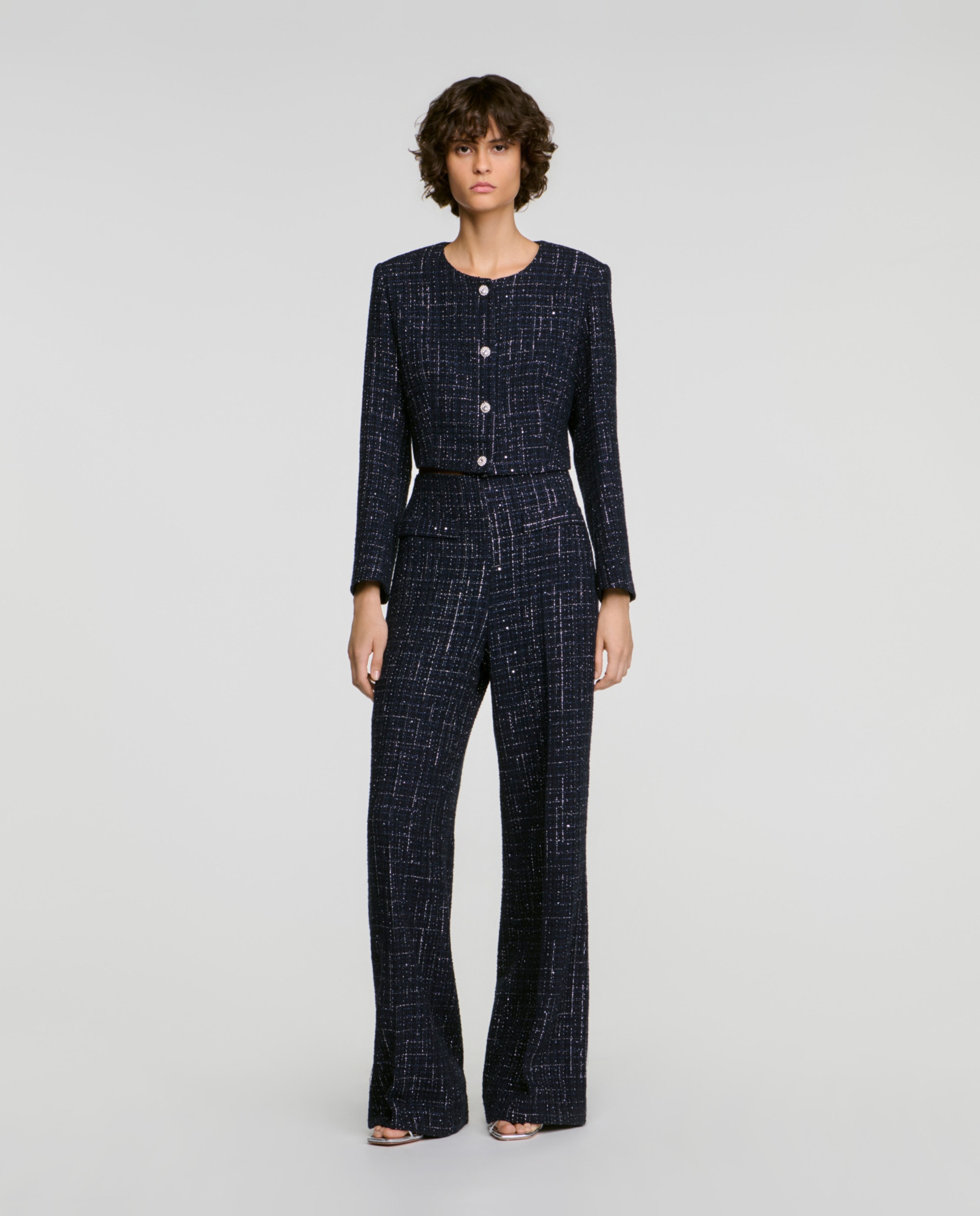 Imagen 0 de Pantalones anchos de mujer 100% algodón de tweed de fantasía con bolsillos de parche Azul