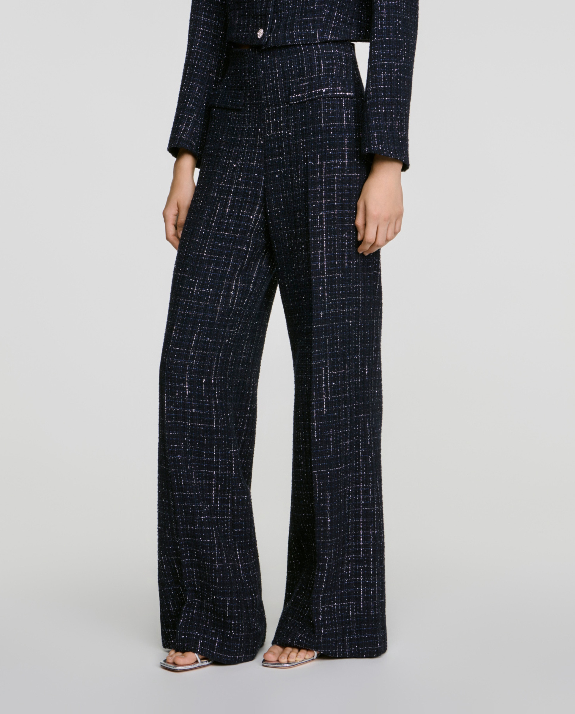 Pantalones anchos de mujer 100% algodón de tweed de fantasía con bolsillos de parche - Sandro - Azul Azul-2
