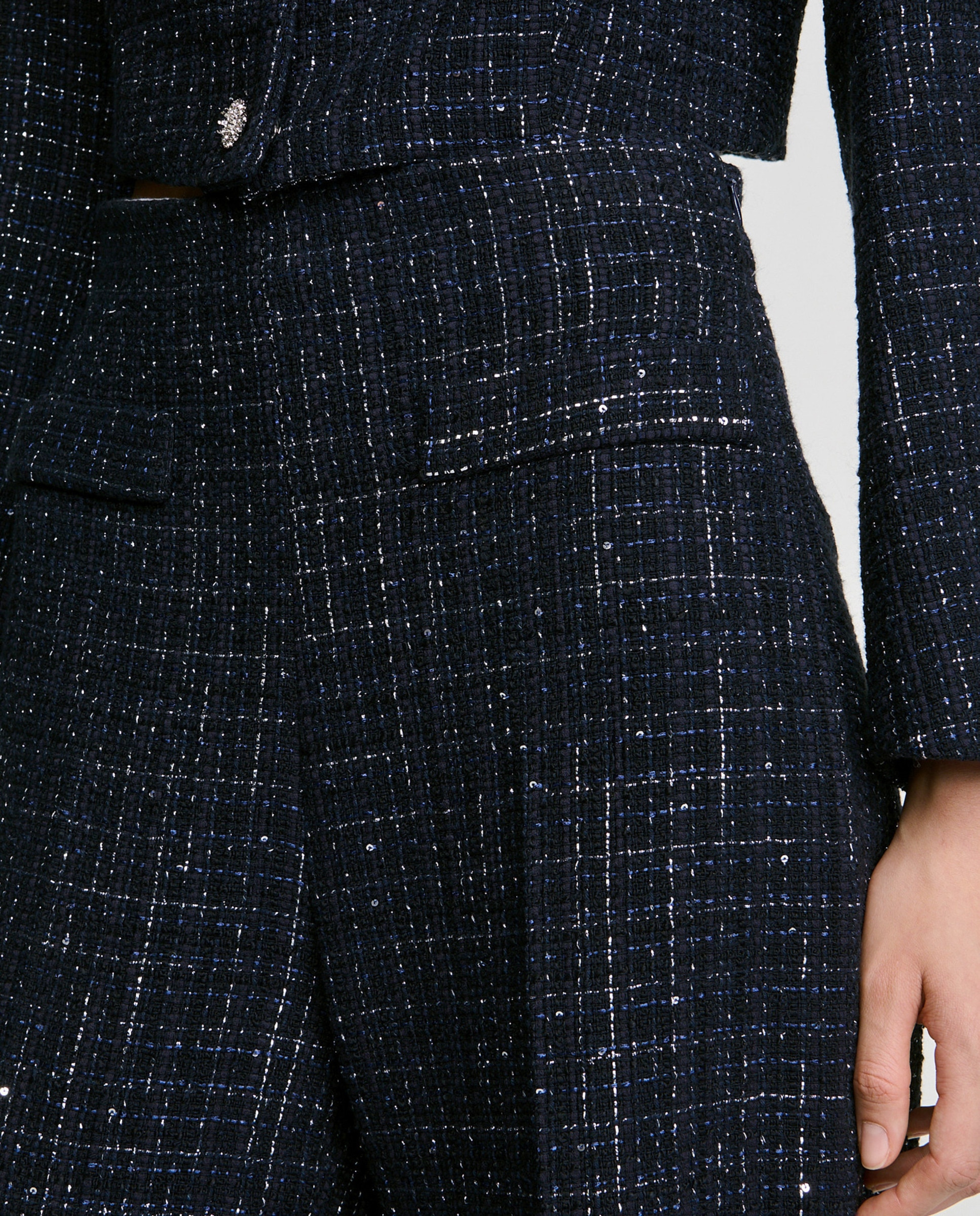 Pantalones anchos de mujer 100% algodón de tweed de fantasía con bolsillos de parche - Sandro - Azul Azul-4