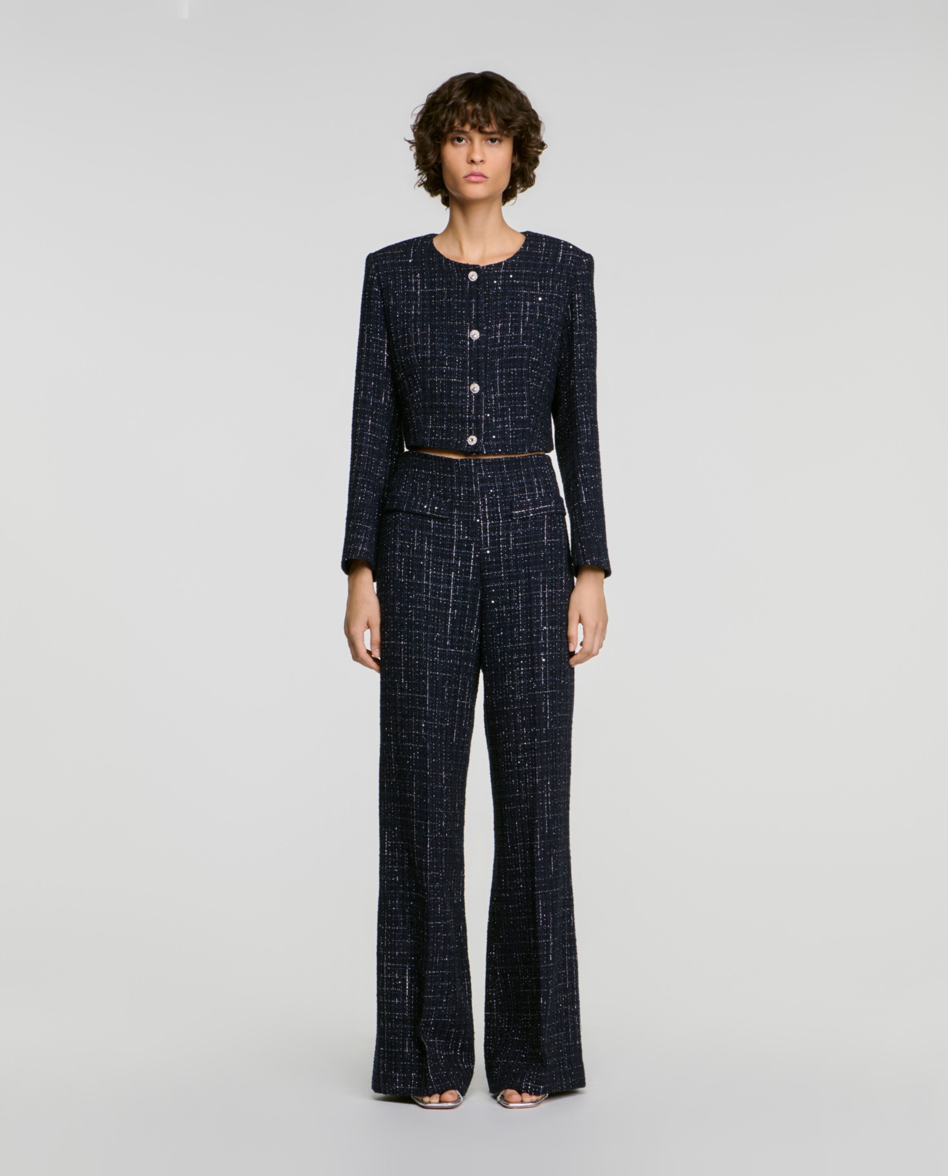 Pantalones anchos de mujer 100% algodón de tweed de fantasía con bolsillos de parche - Sandro - Azul Azul-5