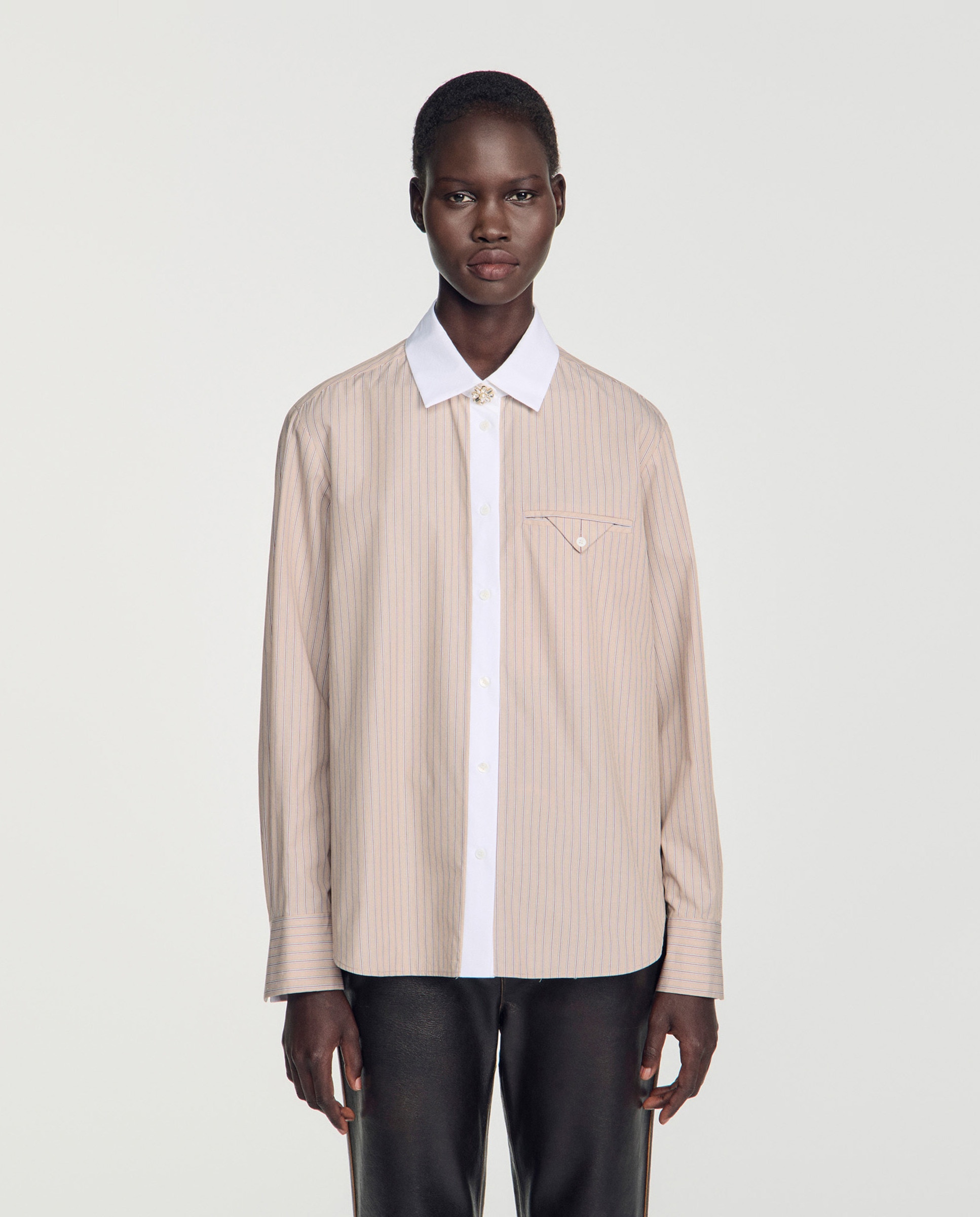 Camisa de mujer a rayas cuello a contraste 100% algodón - Sandro - Beige Beige-1