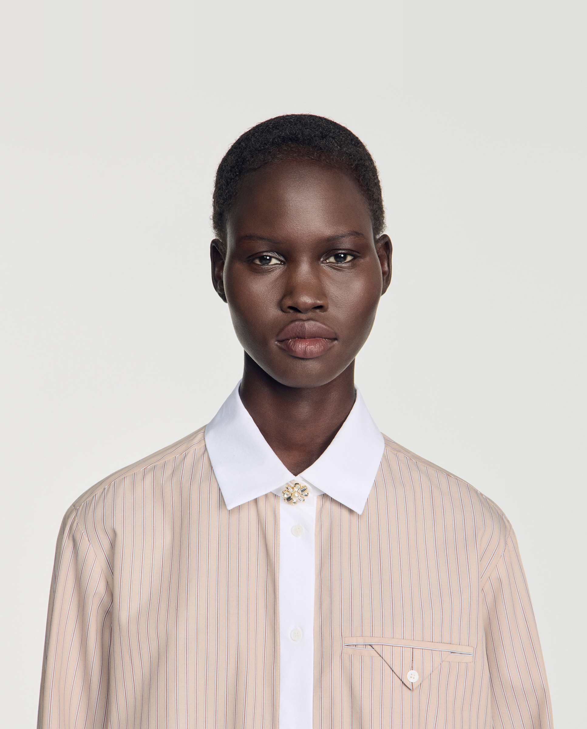 Camisa de mujer a rayas cuello a contraste 100% algodón - Sandro - Beige Beige-4