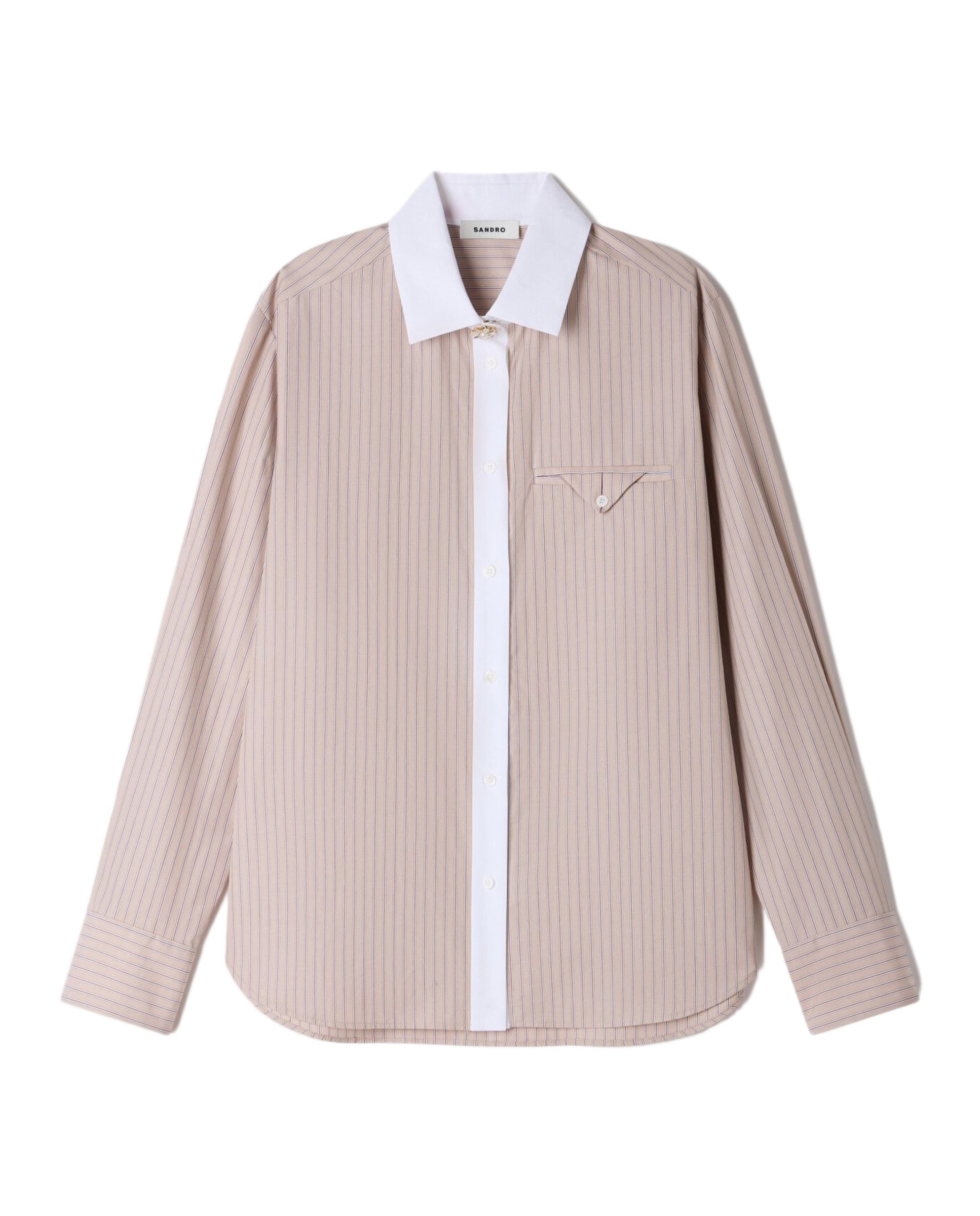 Camisa de mujer a rayas cuello a contraste 100% algodón - Sandro - Beige Beige-6