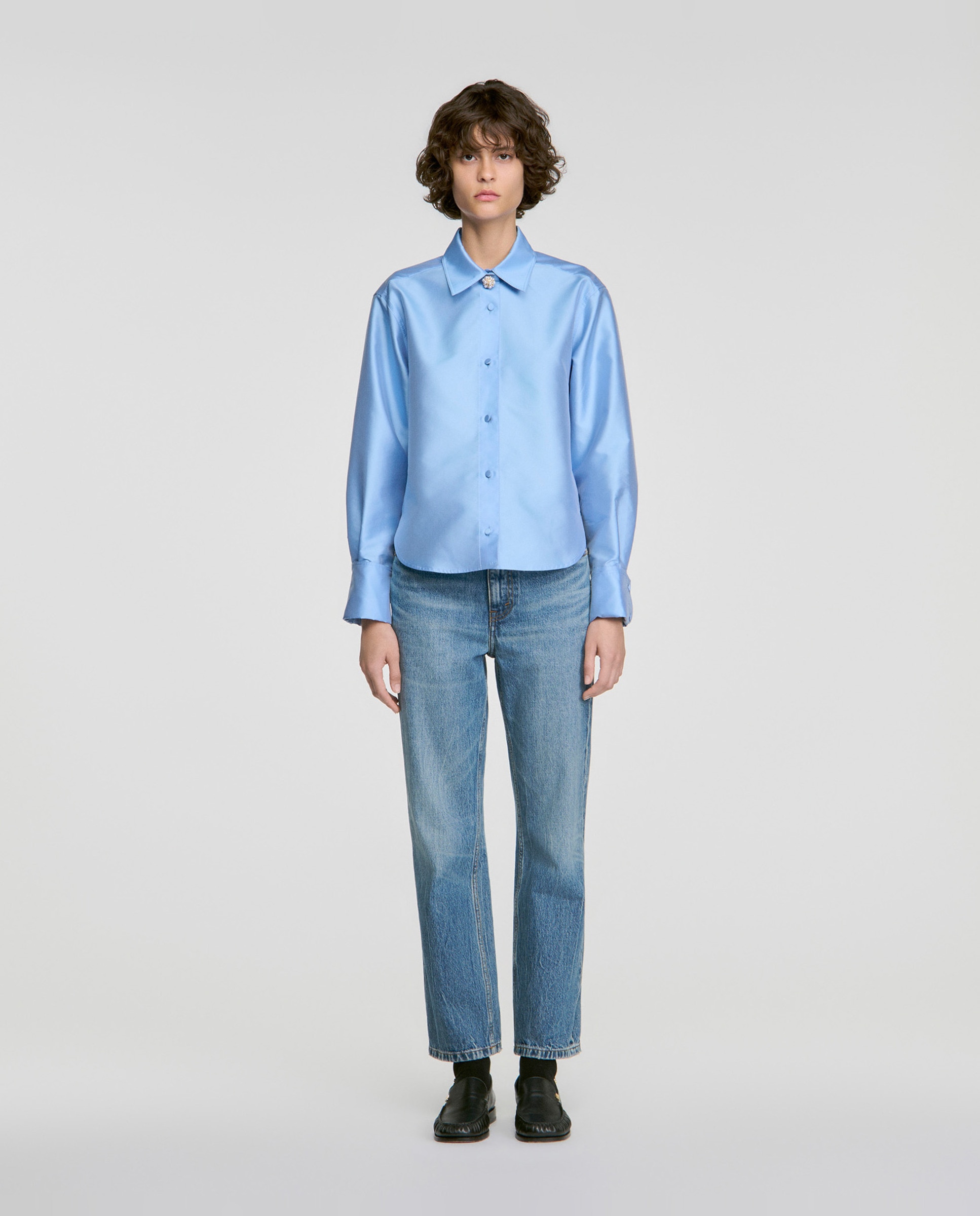 Camisa de mujer satinada recta con botón joya - Sandro - Azul claro Azul claro-3