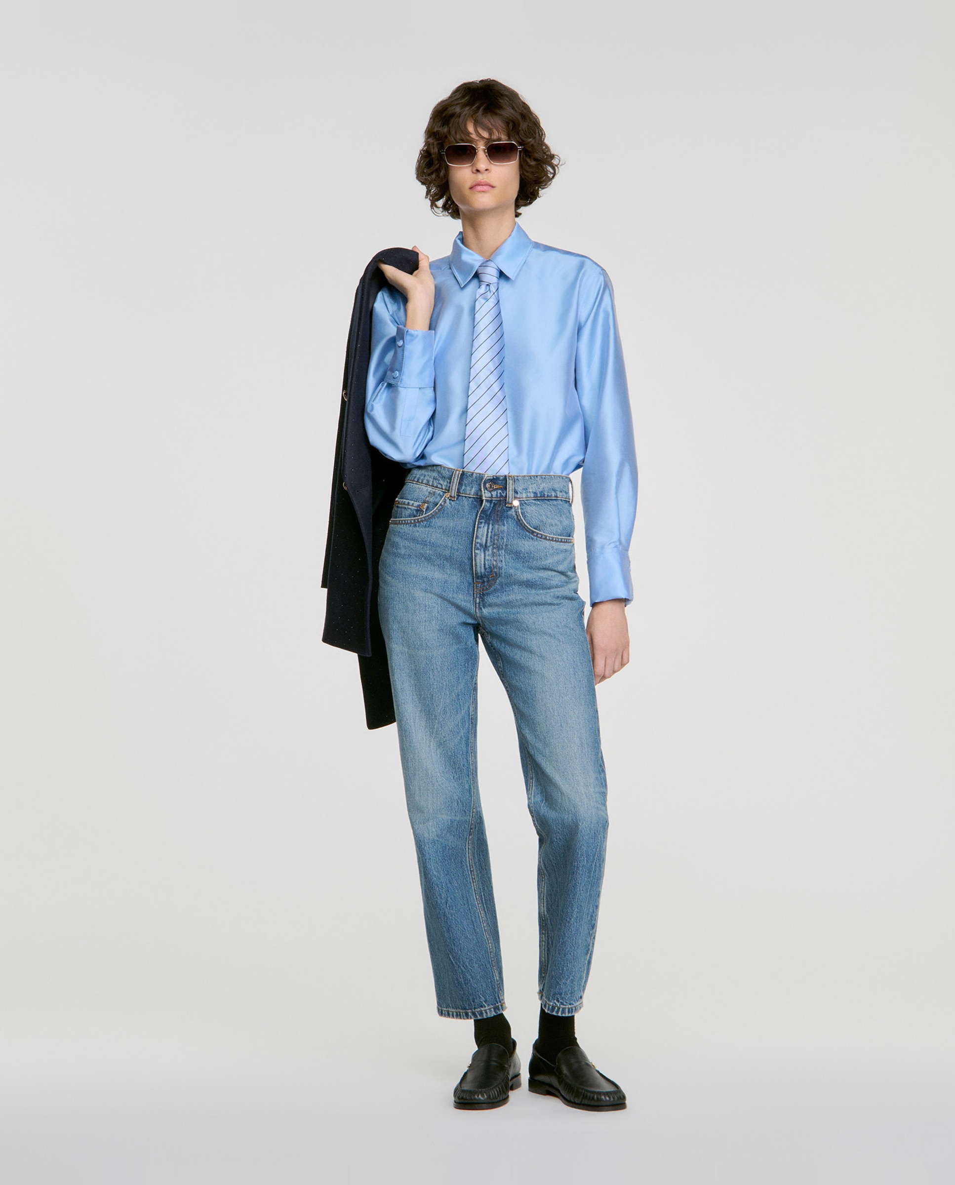 Camisa de mujer satinada recta con botón joya - Sandro - Azul claro Azul claro-5