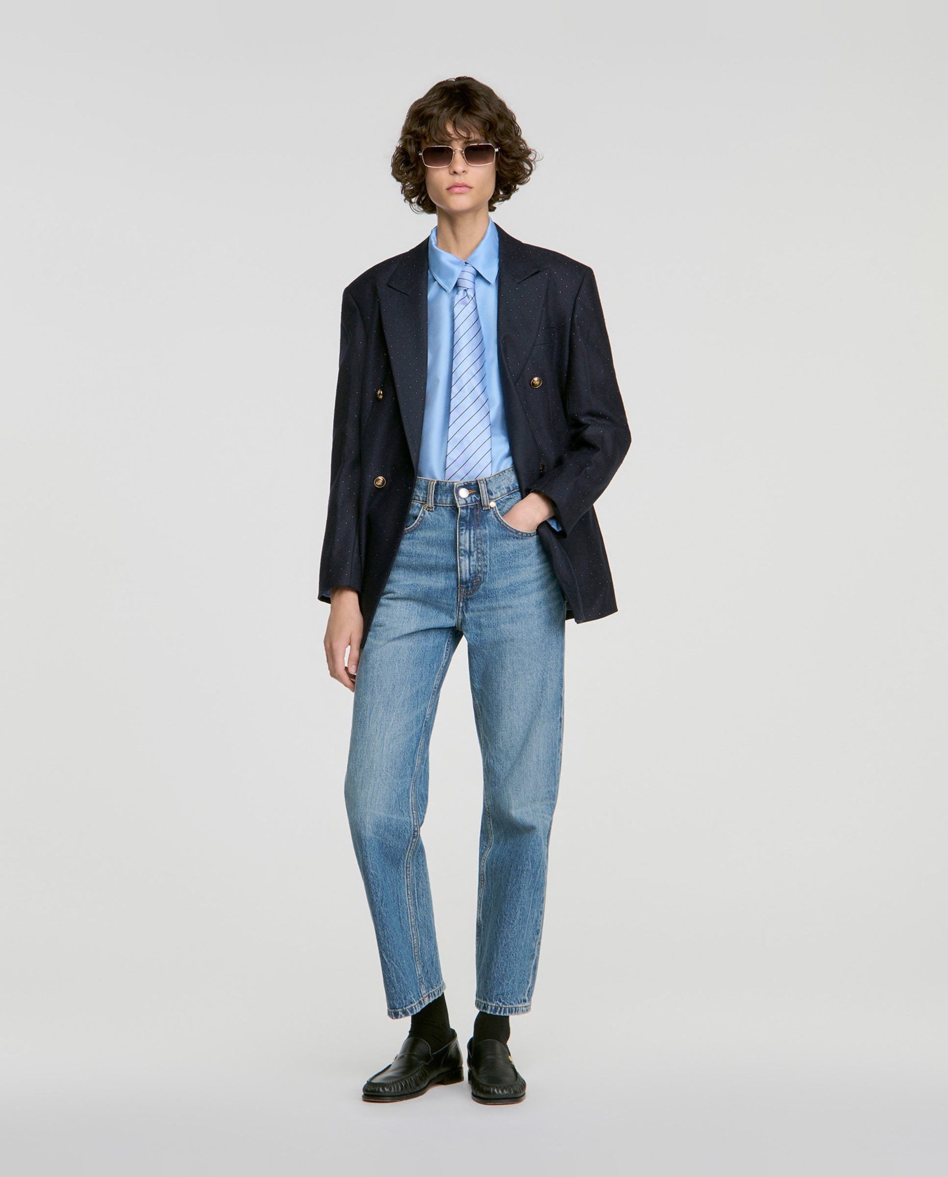 Camisa de mujer satinada recta con botón joya - Sandro - Azul claro Azul claro-6