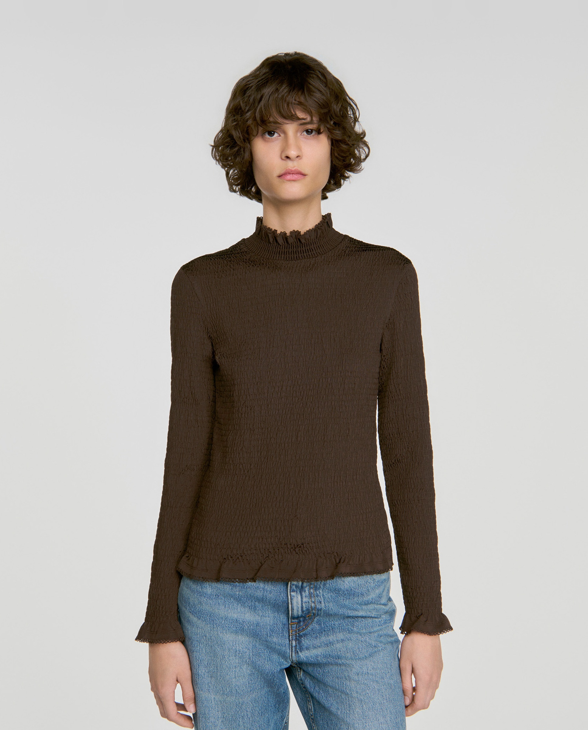 Camiseta de mujer fruncida cuello volante - Sandro - Marrón Marrón-1