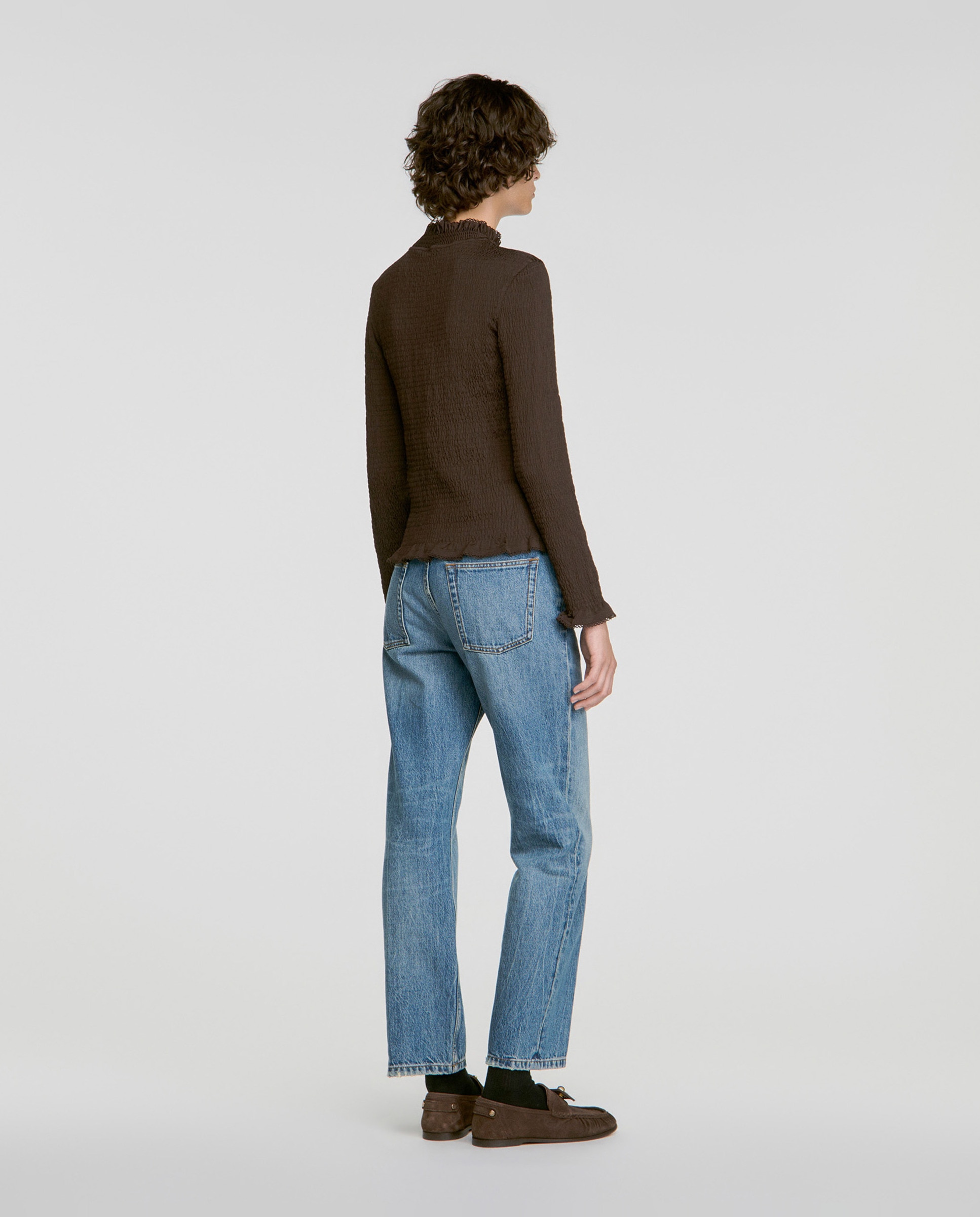 Camiseta de mujer fruncida cuello volante - Sandro - Marrón Marrón-2
