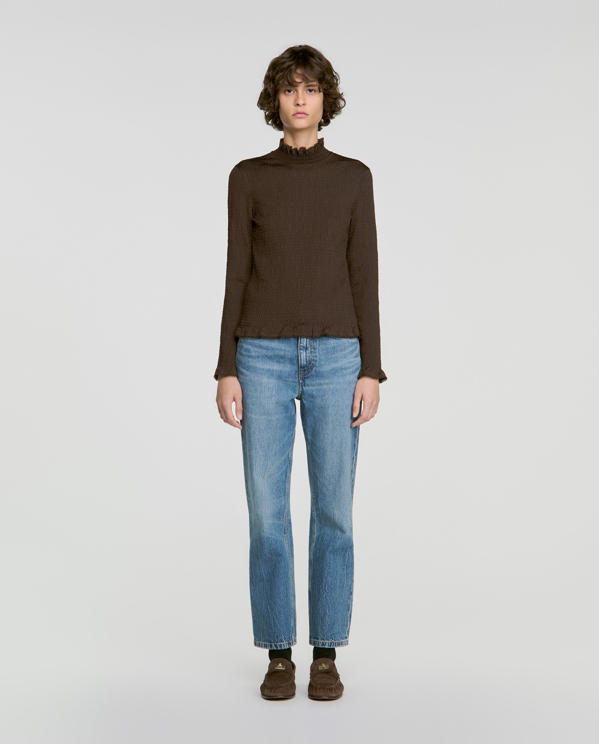 Camiseta de mujer fruncida cuello volante - Sandro - Marrón Marrón-3