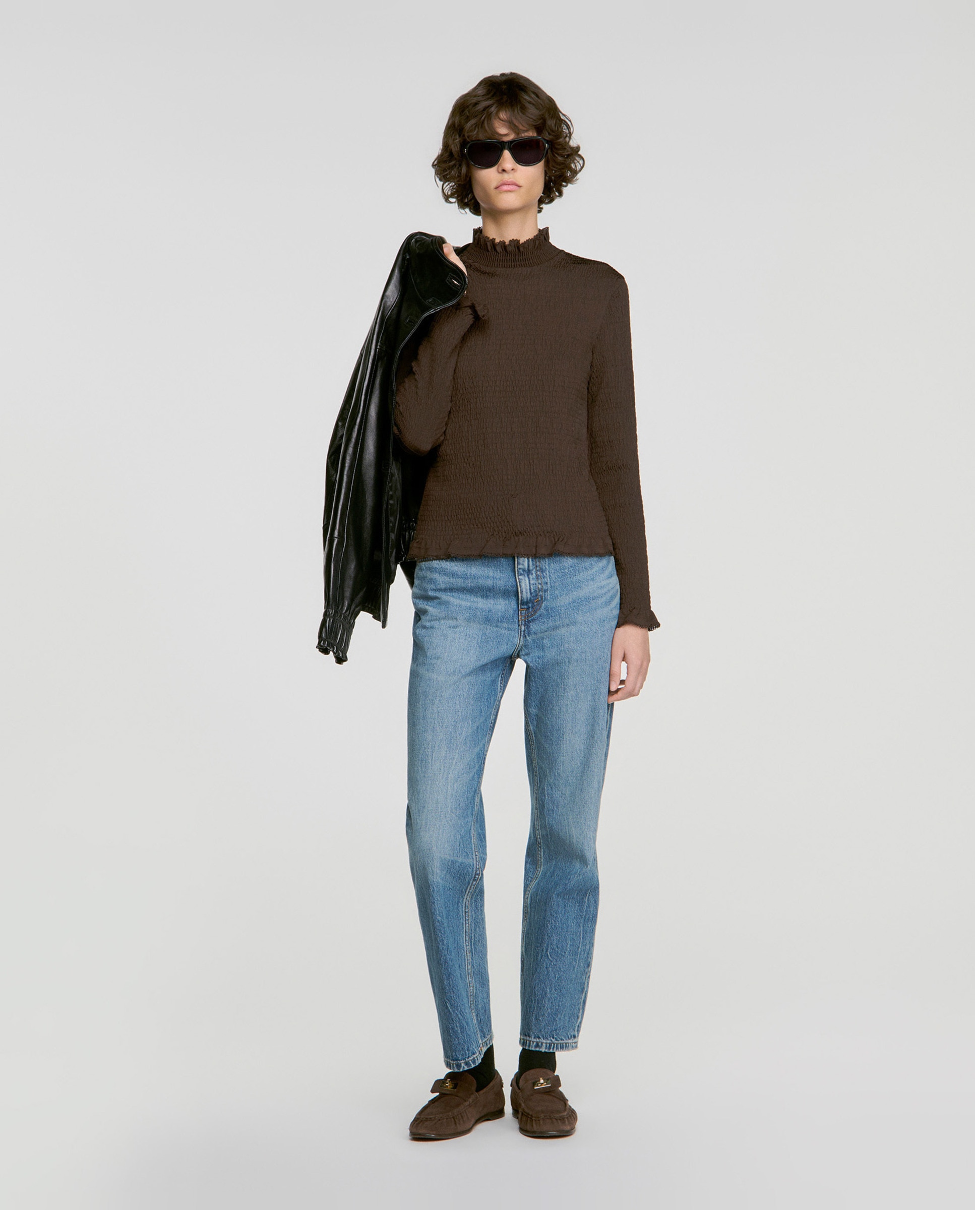 Camiseta de mujer fruncida cuello volante - Sandro - Marrón Marrón-5