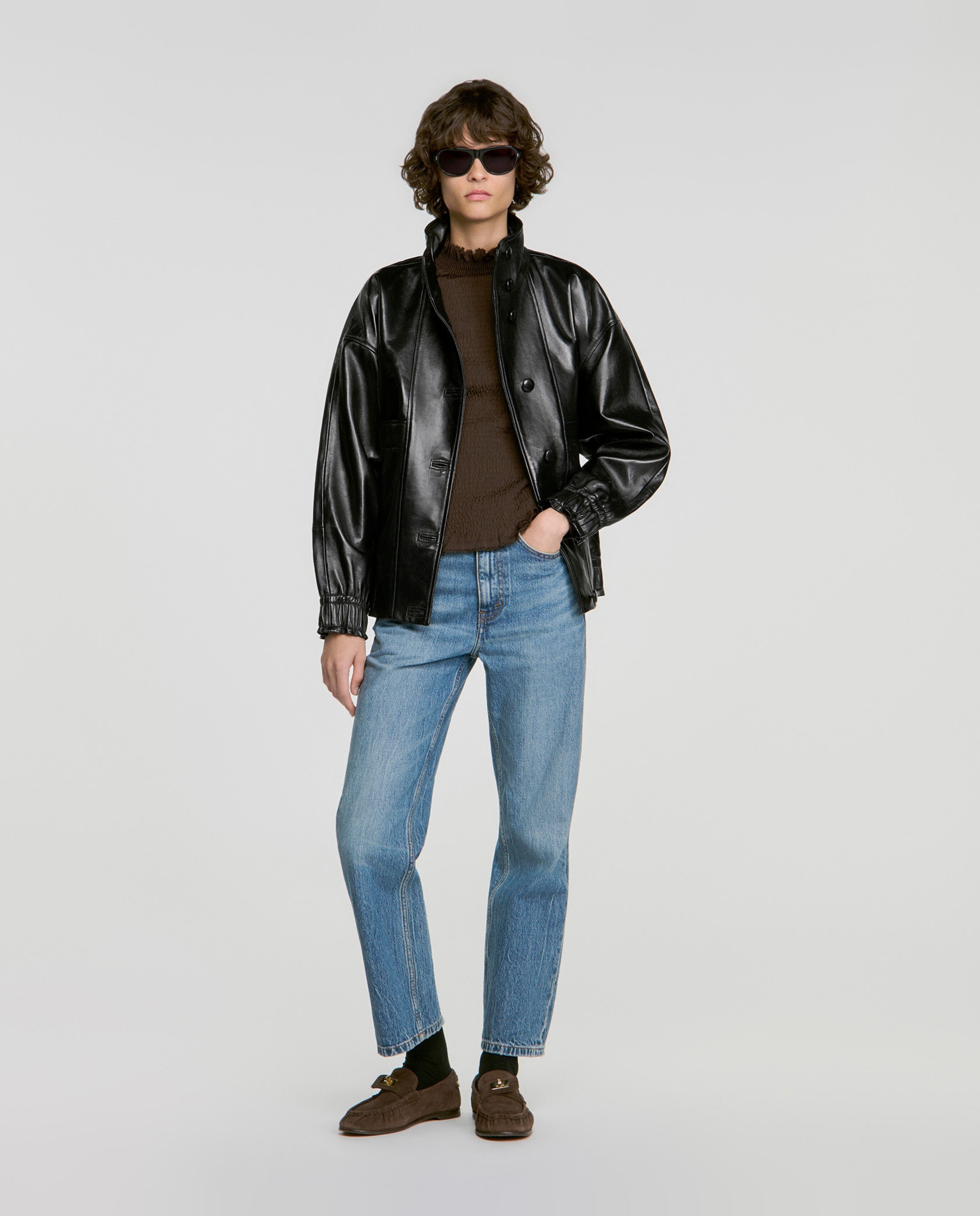 Camiseta de mujer fruncida cuello volante - Sandro - Marrón Marrón-6
