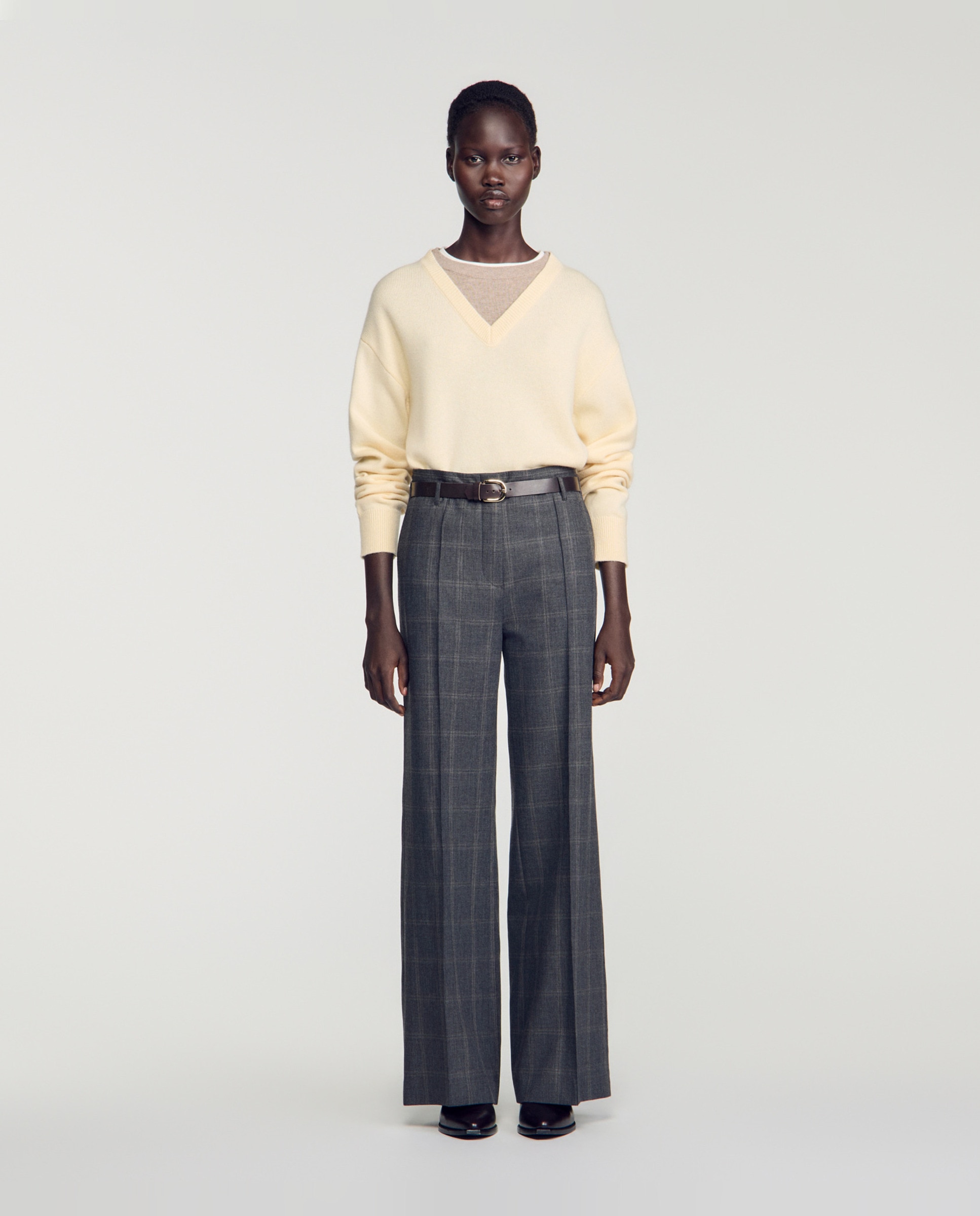 Pantalones rectos anchos de mujer a cuadros con cinturón - Sandro - Gris Gris-1