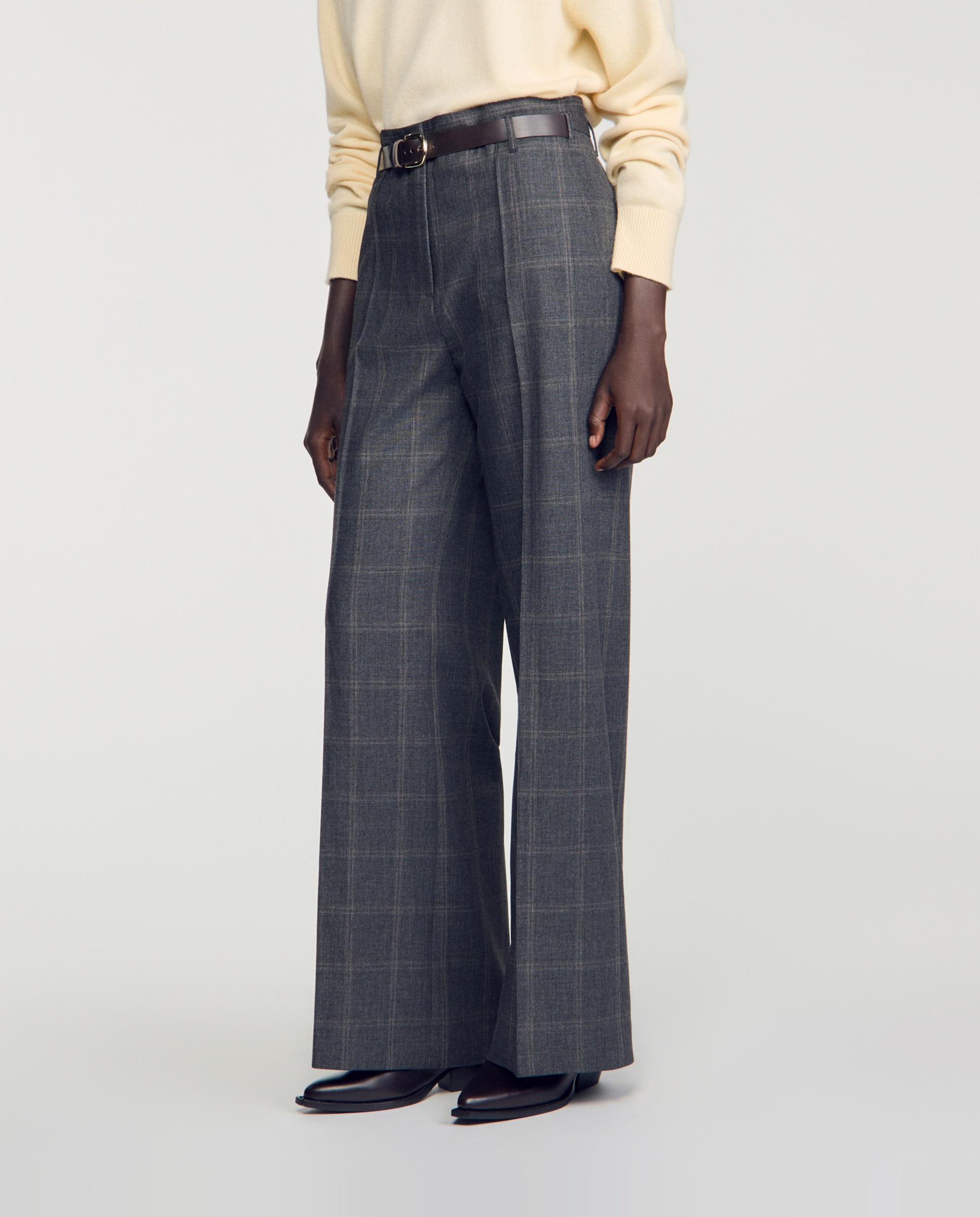 Pantalones rectos anchos de mujer a cuadros con cinturón - Sandro - Gris Gris-2