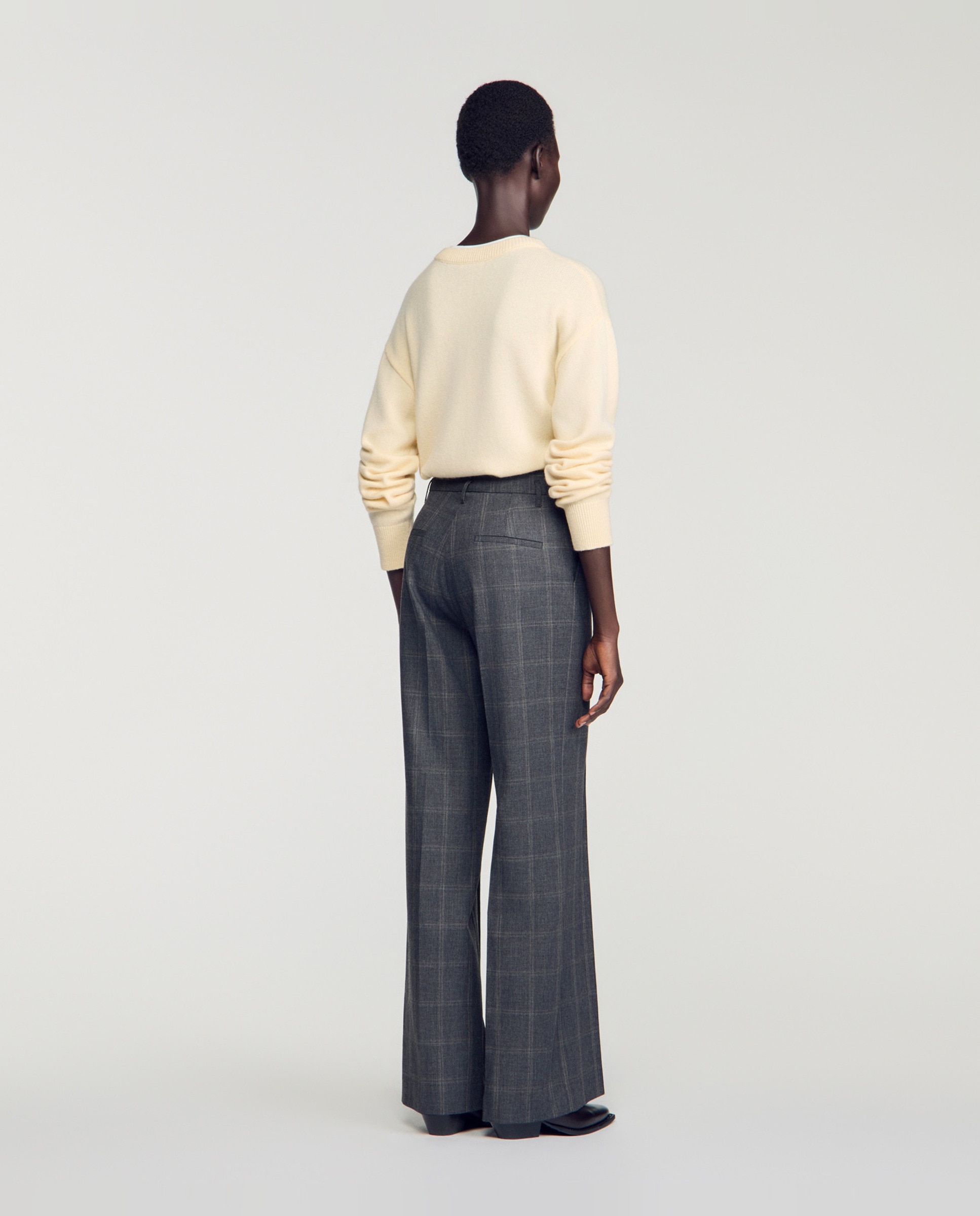 Pantalones rectos anchos de mujer a cuadros con cinturón - Sandro - Gris Gris-3