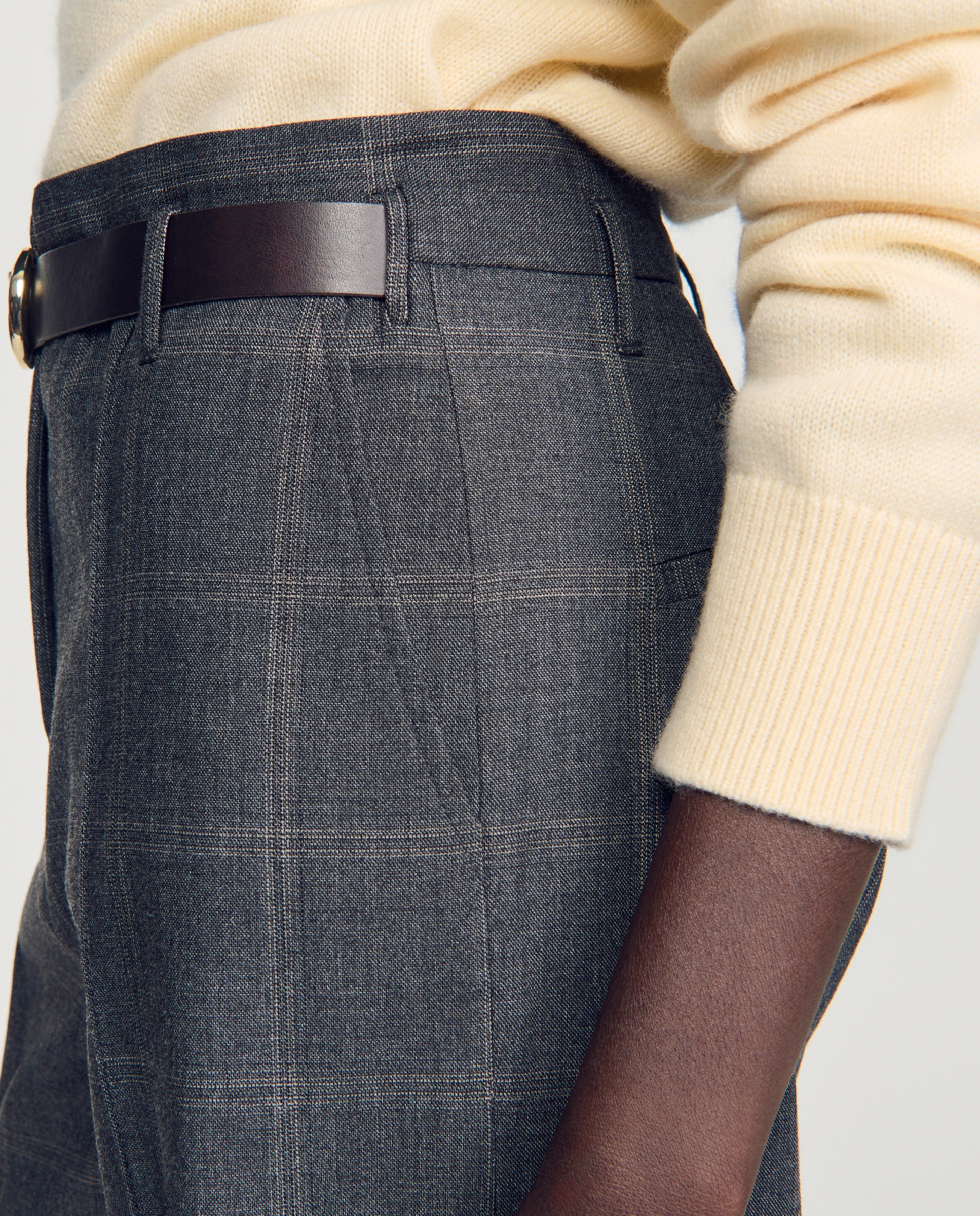 Pantalones rectos anchos de mujer a cuadros con cinturón - Sandro - Gris Gris-4