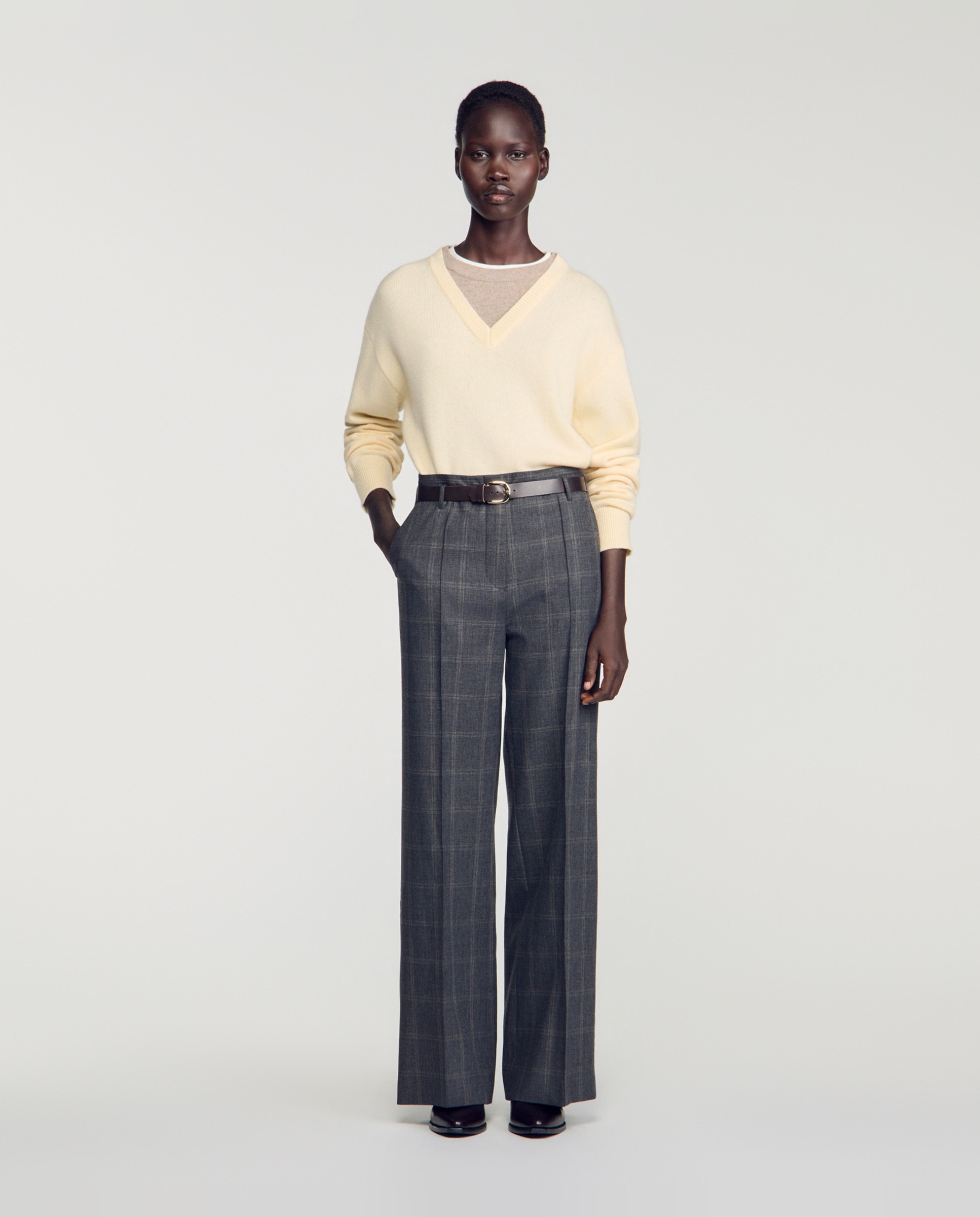 Pantalones rectos anchos de mujer a cuadros con cinturón - Sandro - Gris Gris-5