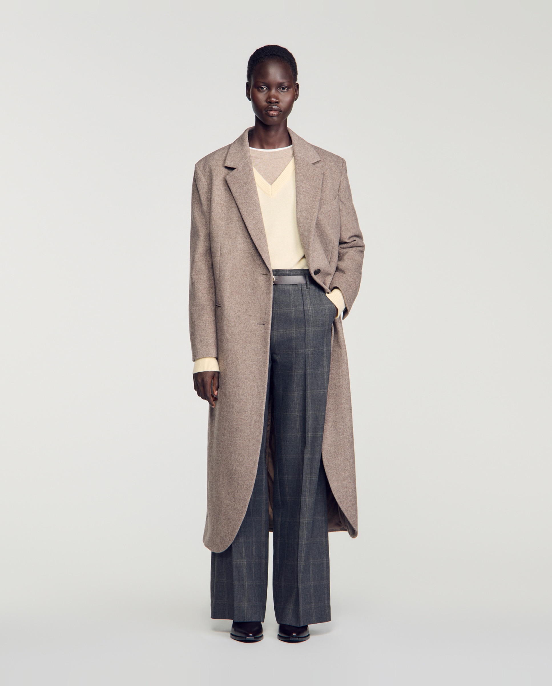 Pantalones rectos anchos de mujer a cuadros con cinturón - Sandro - Gris Gris-6
