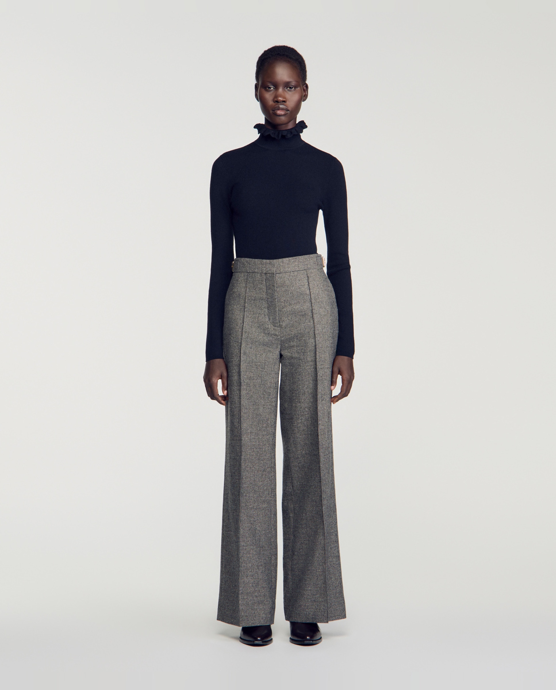 Pantalones anchos de mujer de traje de talle alto de pata de gallo con lana - Sandro - Gris Gris-1