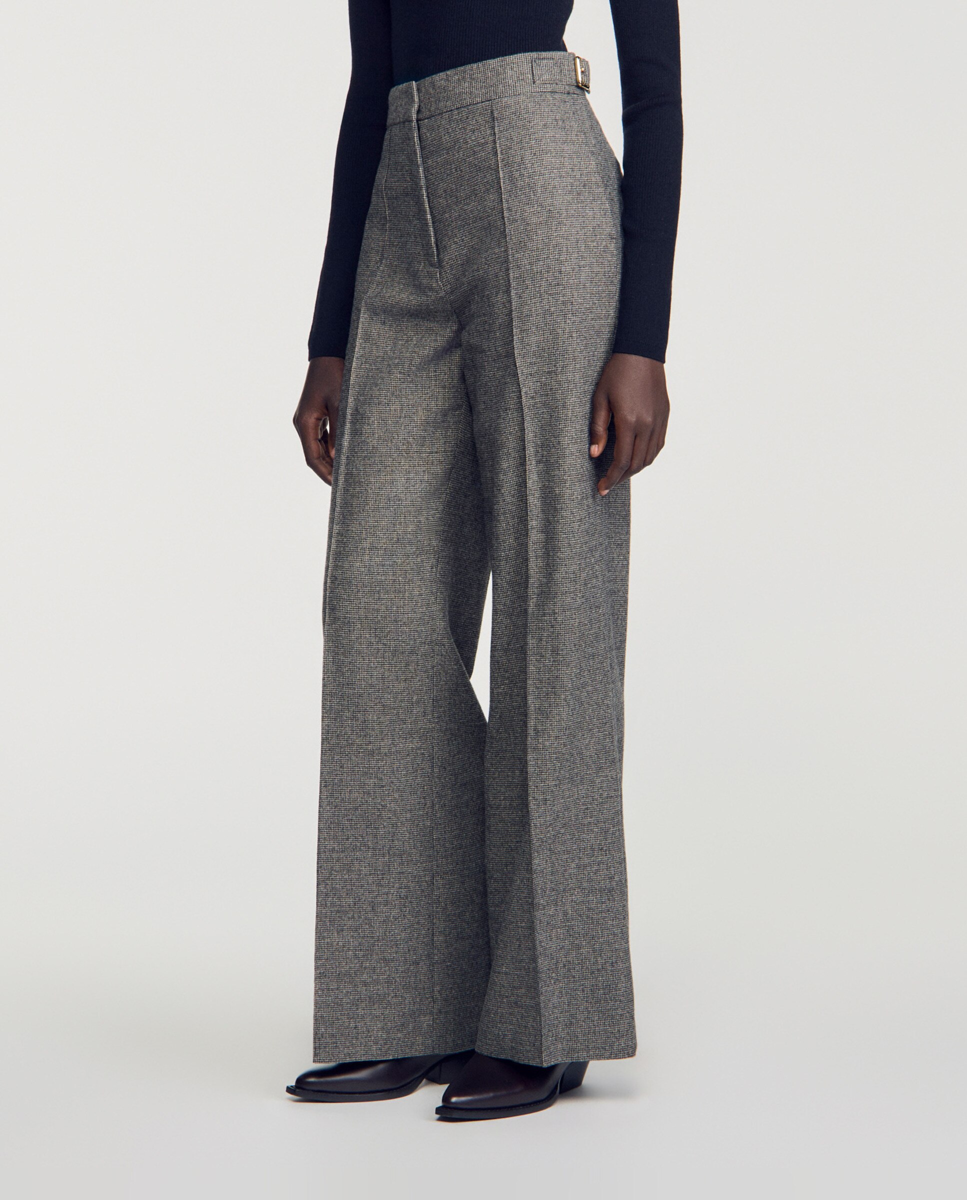 Pantalones anchos de mujer de traje de talle alto de pata de gallo con lana - Sandro - Gris Gris-2