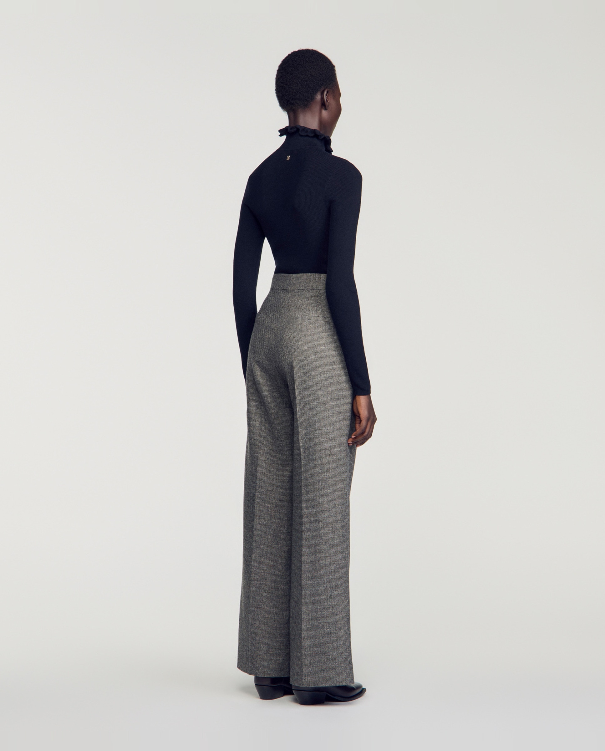 Pantalones anchos de mujer de traje de talle alto de pata de gallo con lana - Sandro - Gris Gris-3