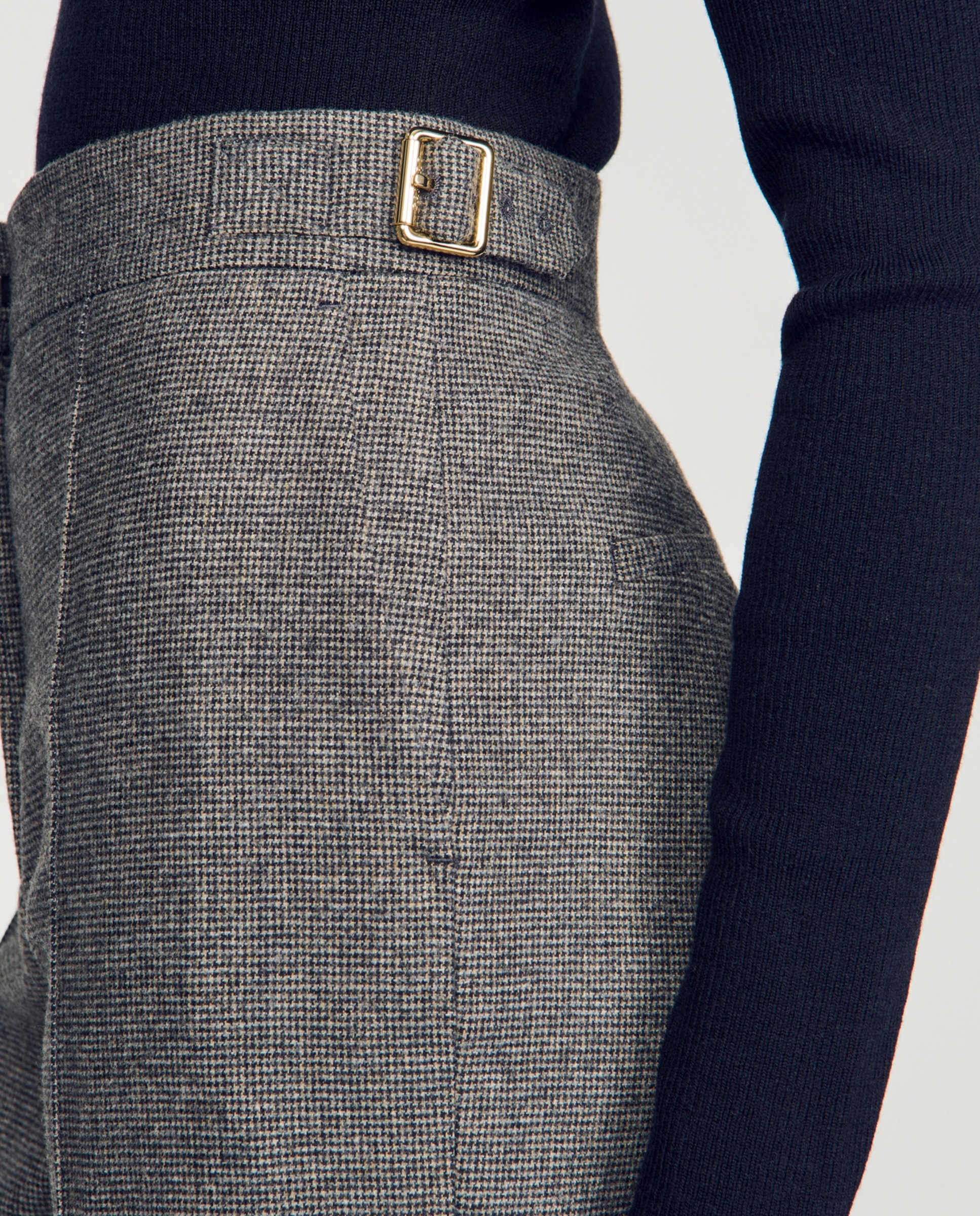 Pantalones anchos de mujer de traje de talle alto de pata de gallo con lana - Sandro - Gris Gris-4