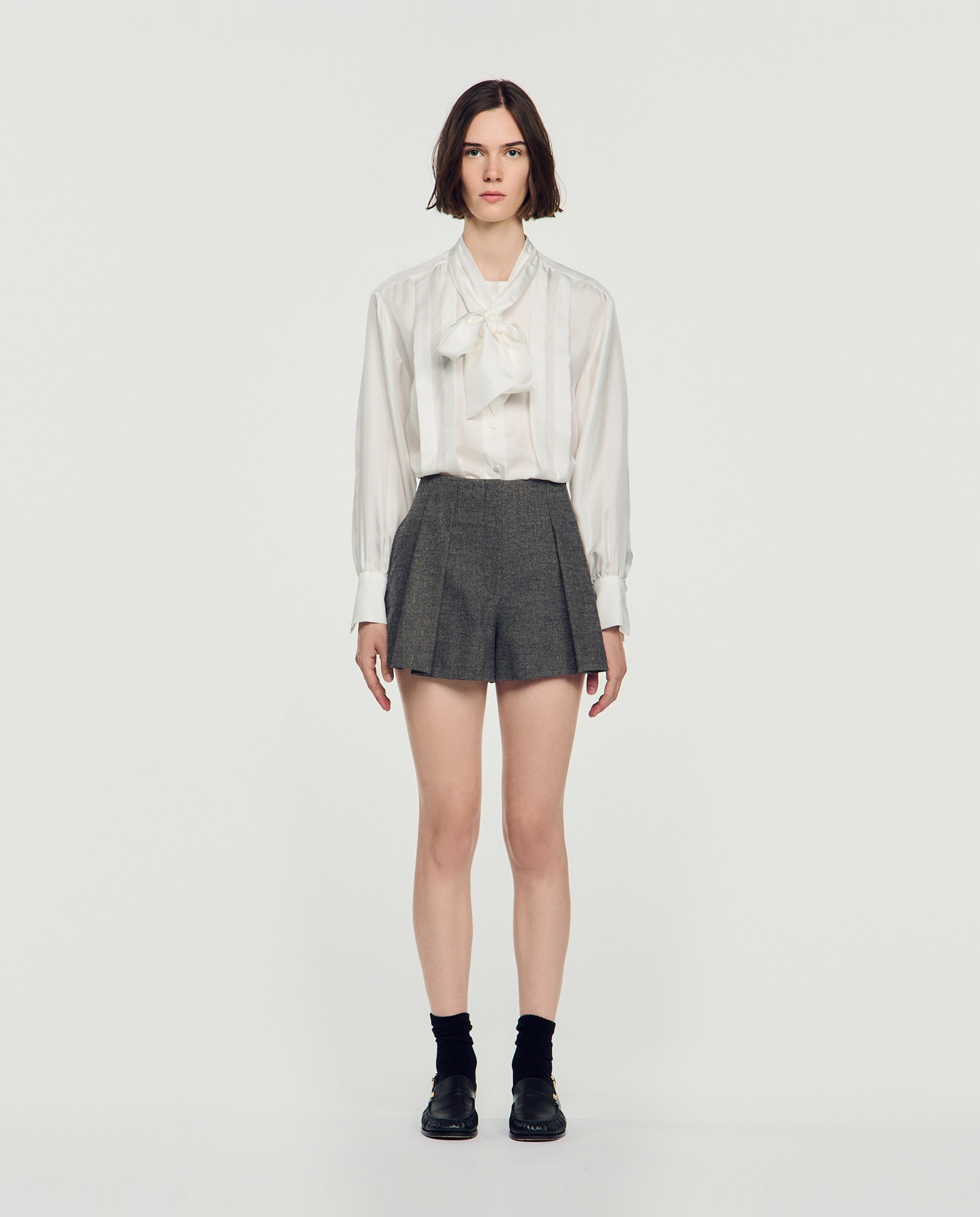 Short de mujer de lana pata de gallo y corte evasé - Sandro - Gris Gris-1
