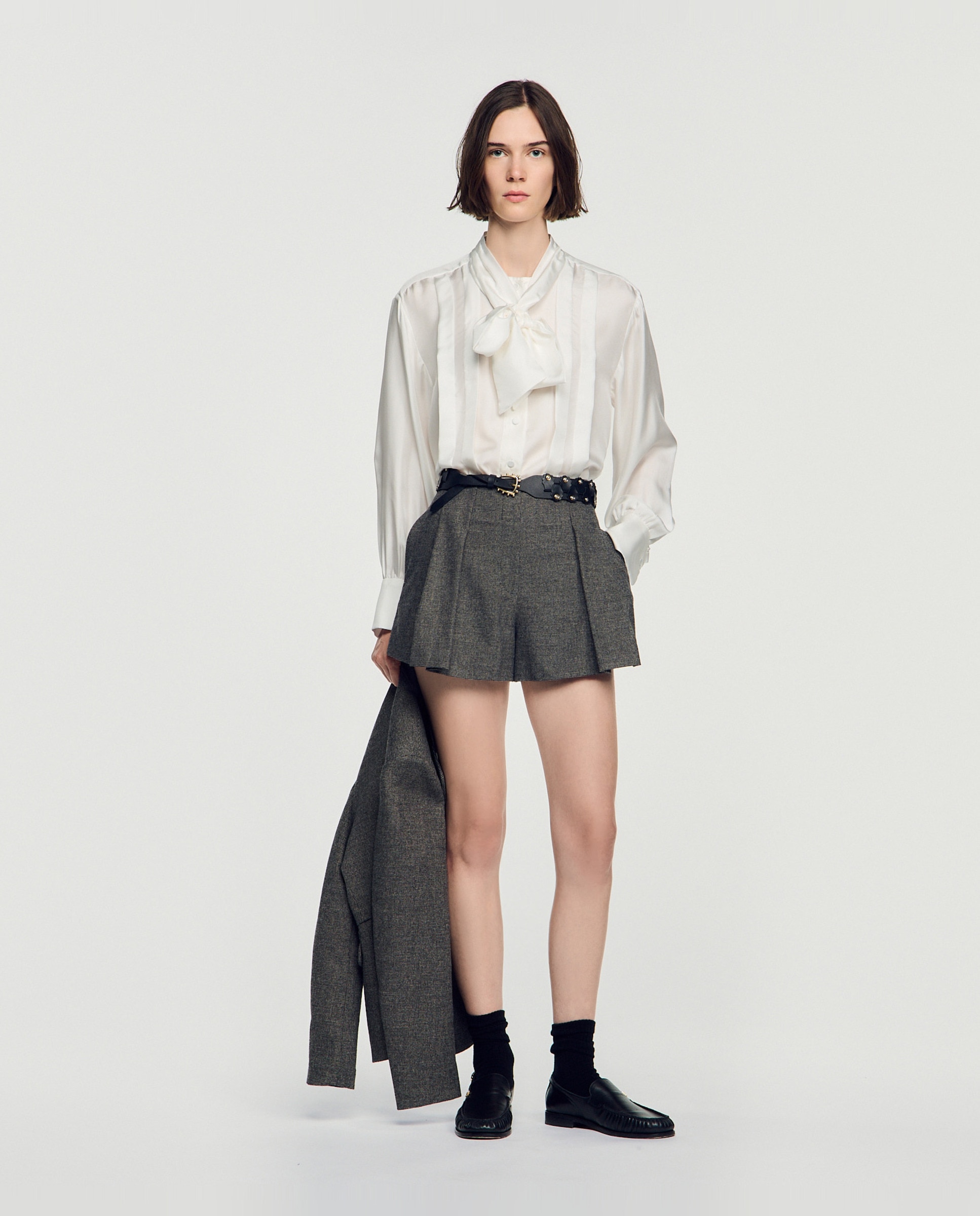 Short de mujer de lana pata de gallo y corte evasé - Sandro - Gris Gris-5