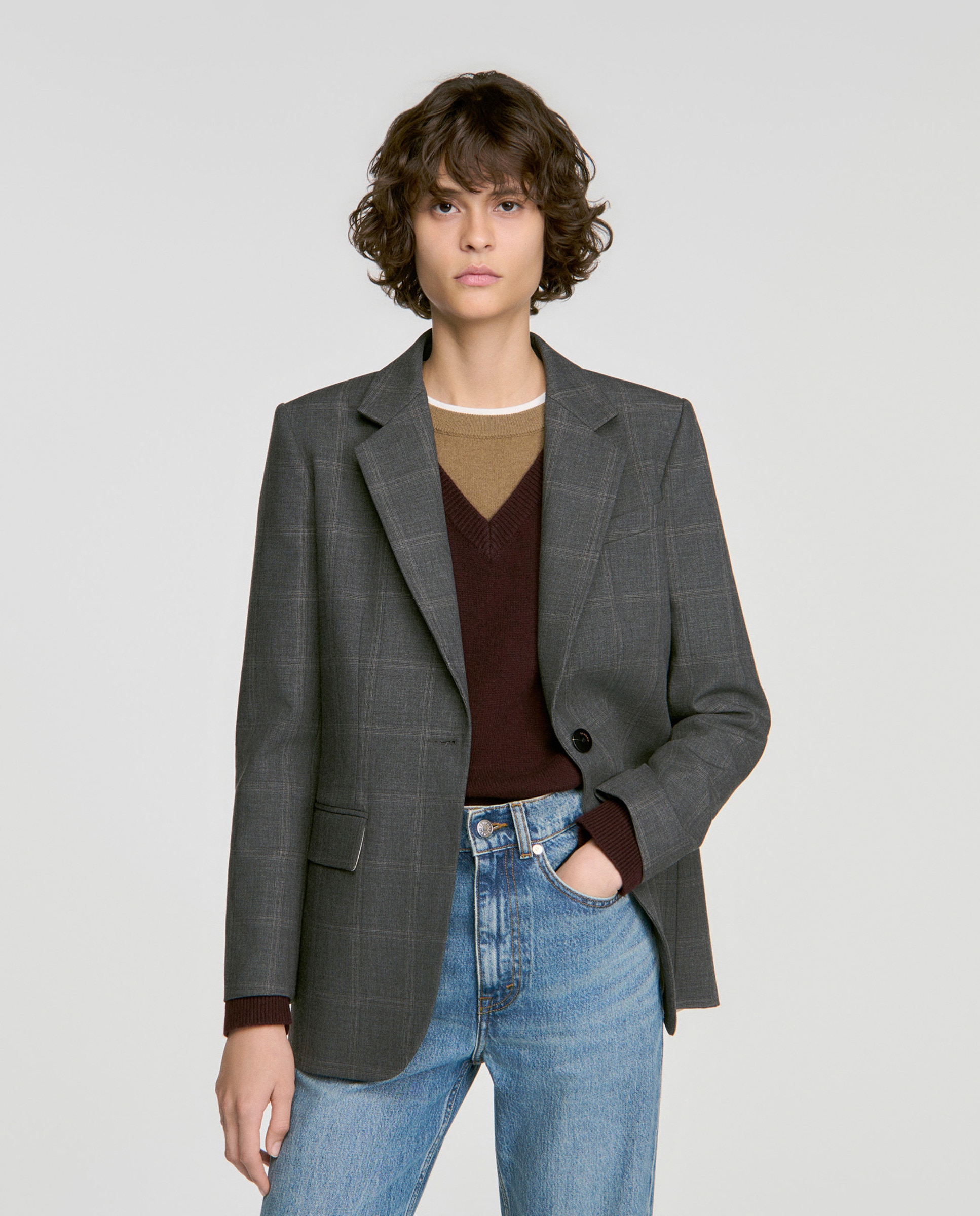 Americana de mujer entallada de cuadros - Sandro - Gris Gris-1