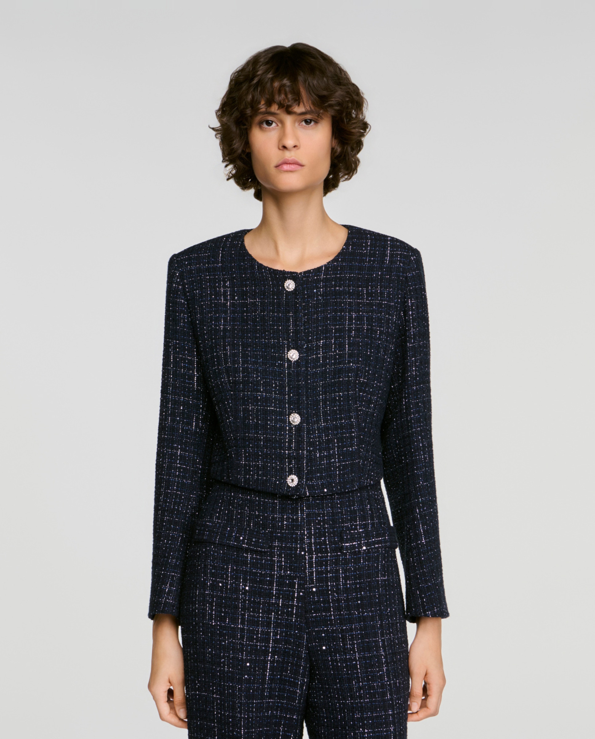 Imagen 0 de Chaqueta corta de mujer en tweed de fantasía Azul