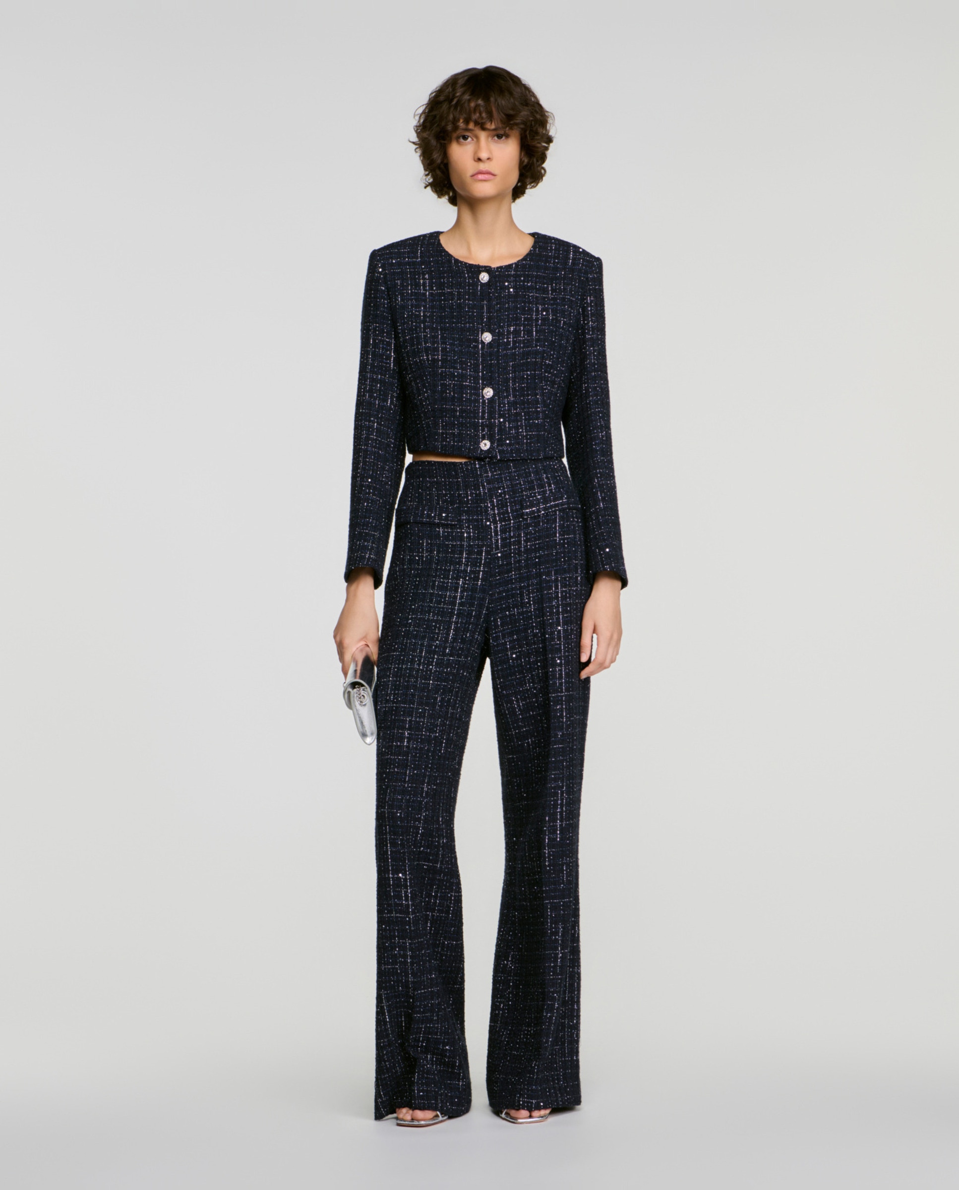 Chaqueta corta de mujer en tweed de fantasía - Sandro - Azul Azul-4