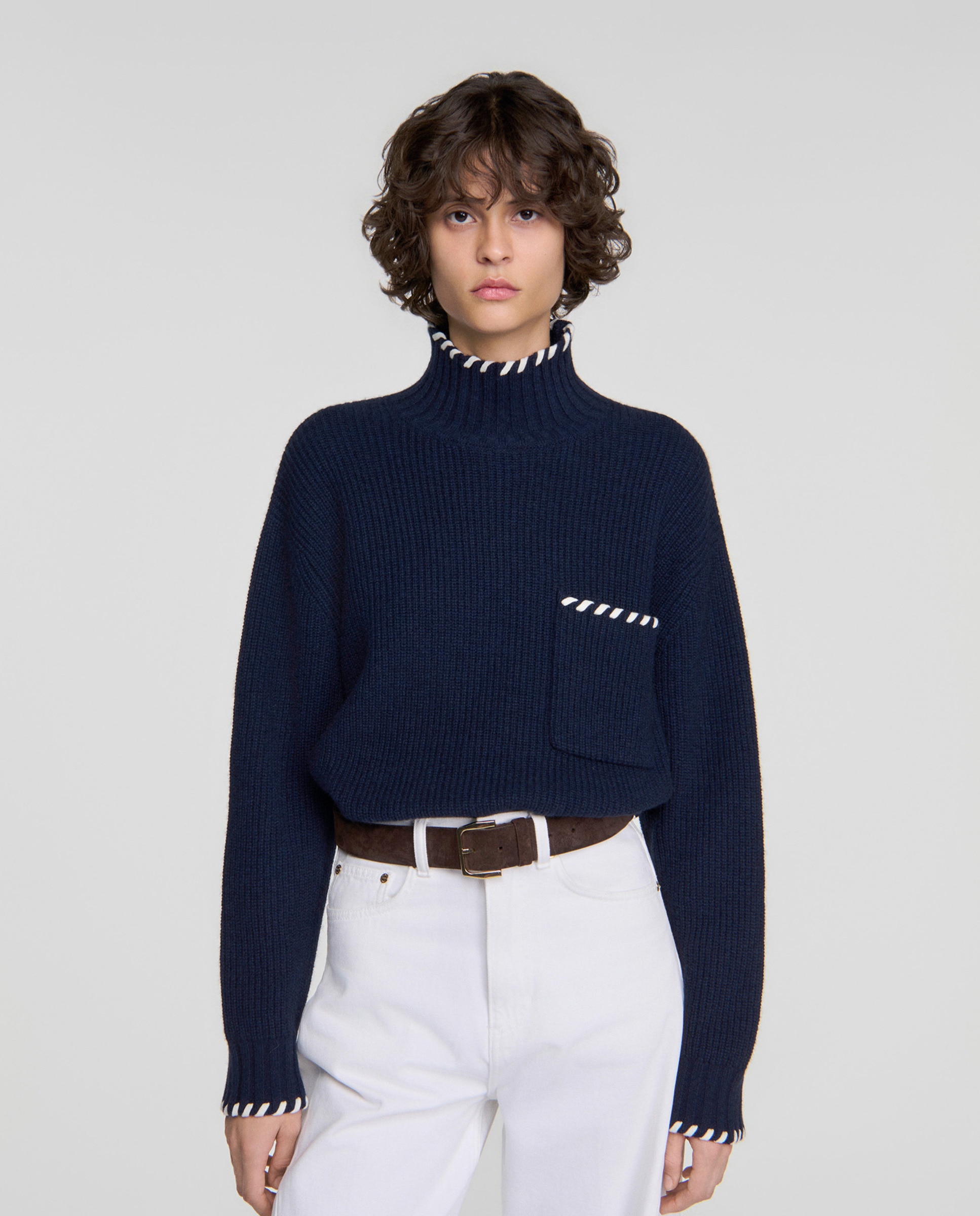 Jersey de mujer de cuello vuelto trenzado con lana y yak - Sandro - Azul marino Azul marino-1