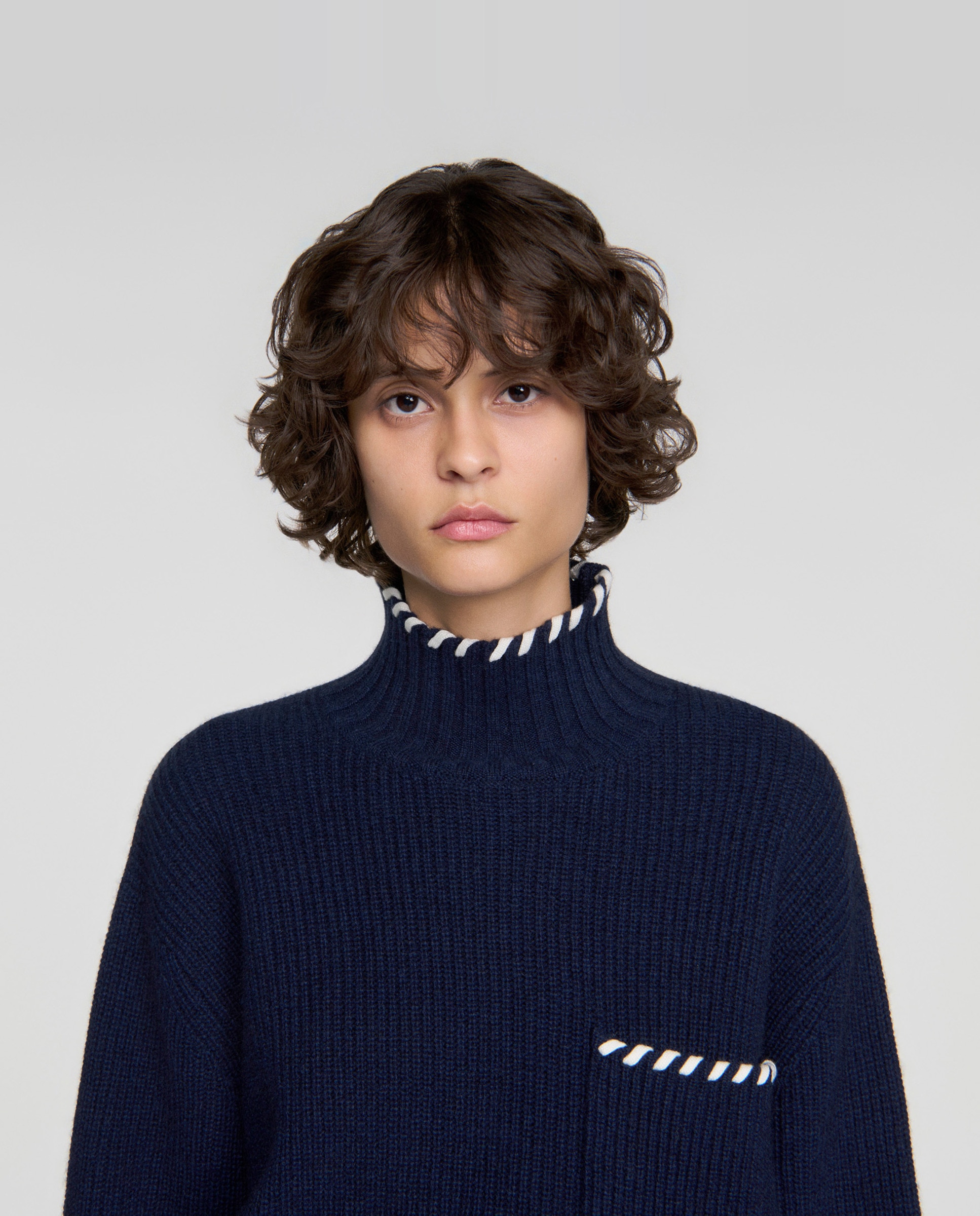 Jersey de mujer de cuello vuelto trenzado con lana y yak - Sandro - Azul marino Azul marino-5