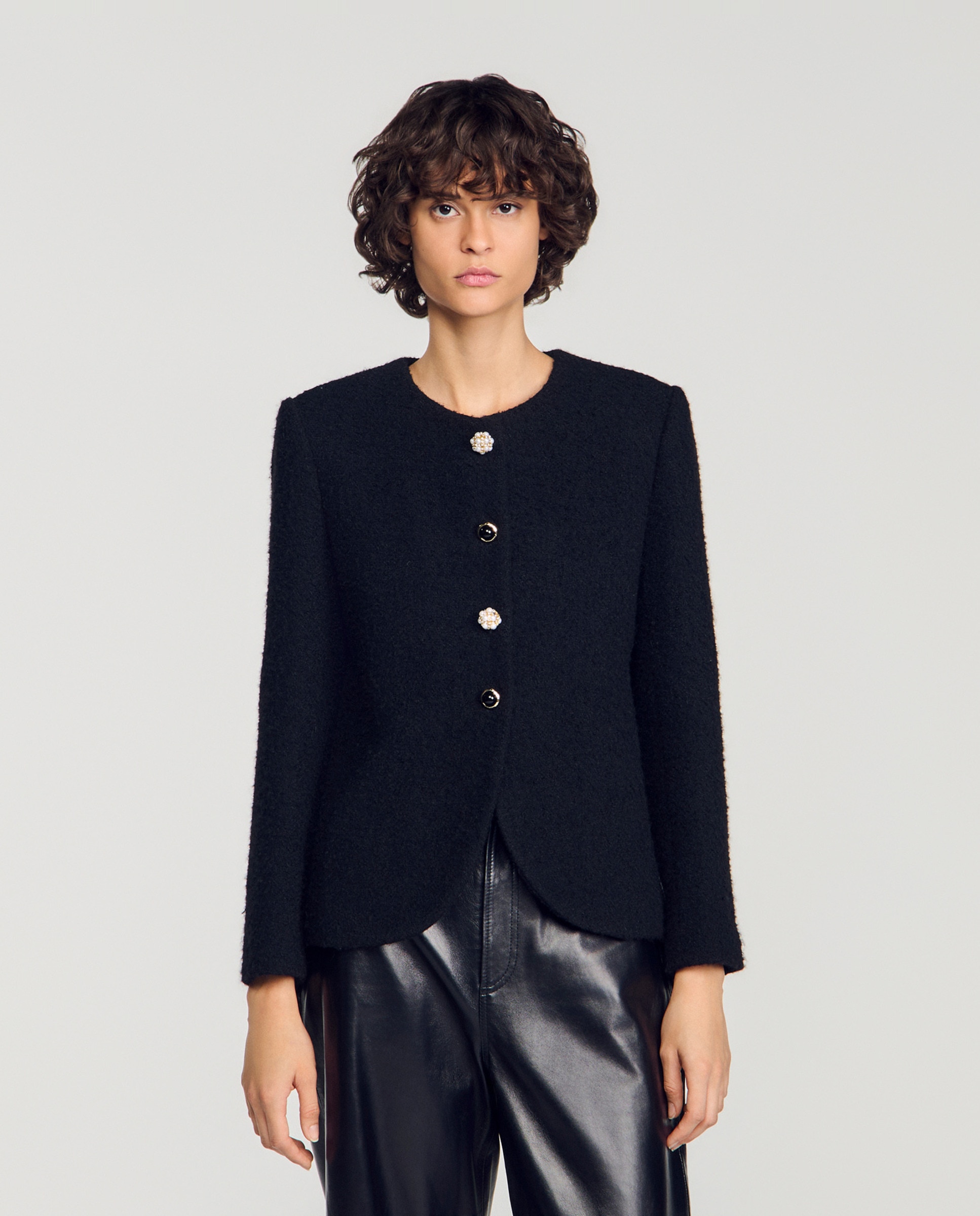 Chaqueta de mujer de tweed con botones de fantasía - Sandro - Negro Negro-1