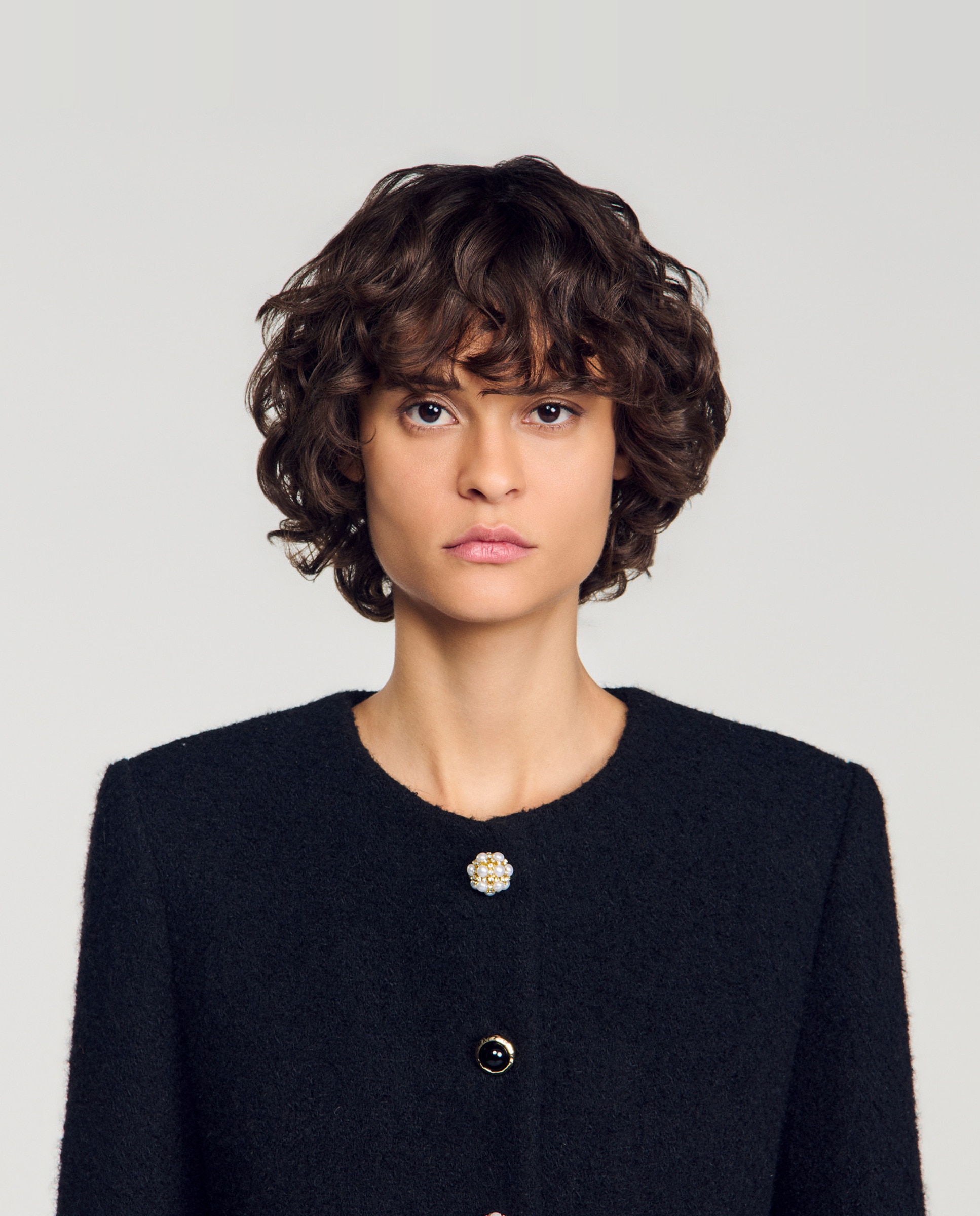Chaqueta de mujer de tweed con botones de fantasía - Sandro - Negro Negro-4