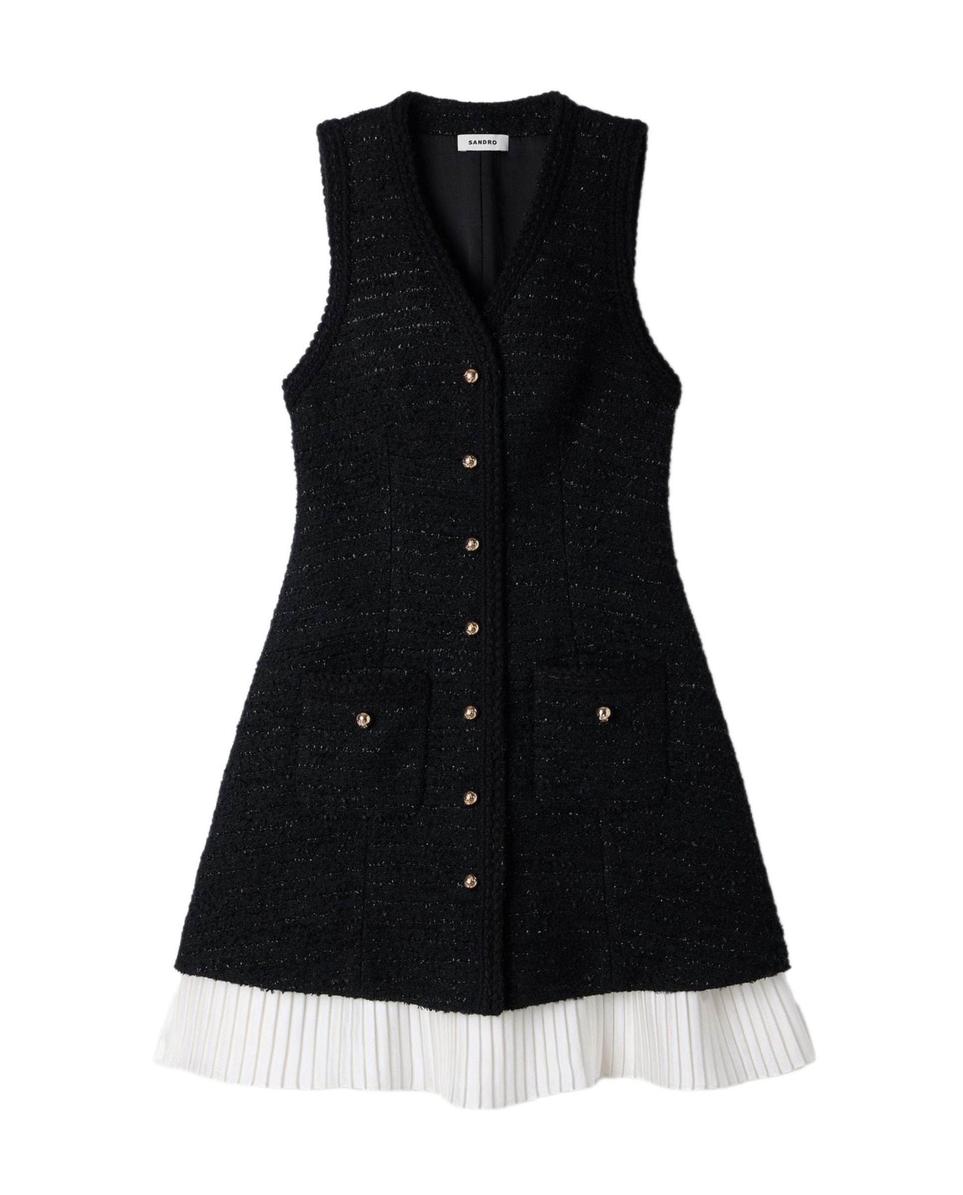 Vestido corto bicolor de tweed de lúrex con escote de pico - Sandro - Negro Negro-6