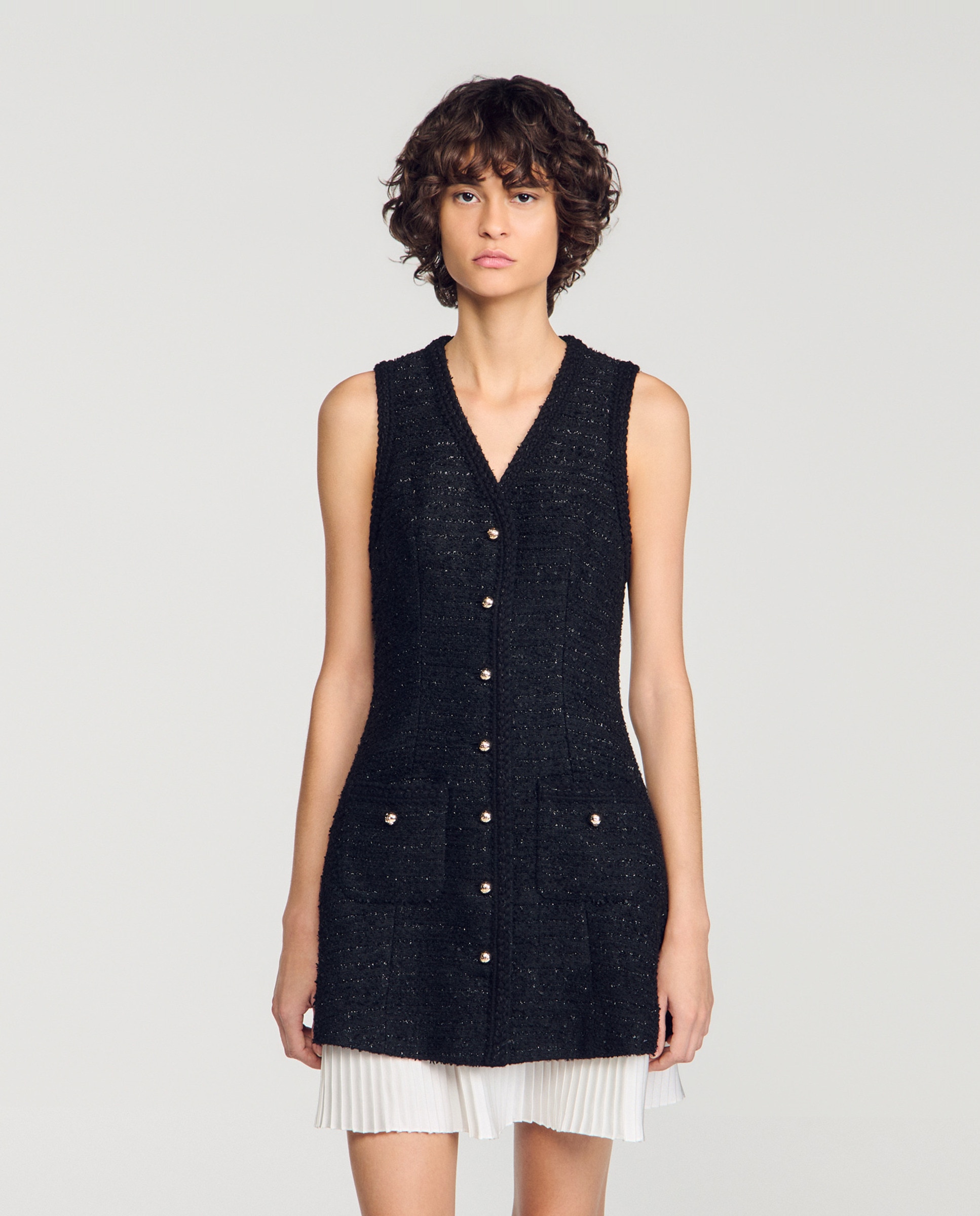 Vestido corto bicolor de tweed de lúrex con escote de pico - Sandro - Negro Negro-5