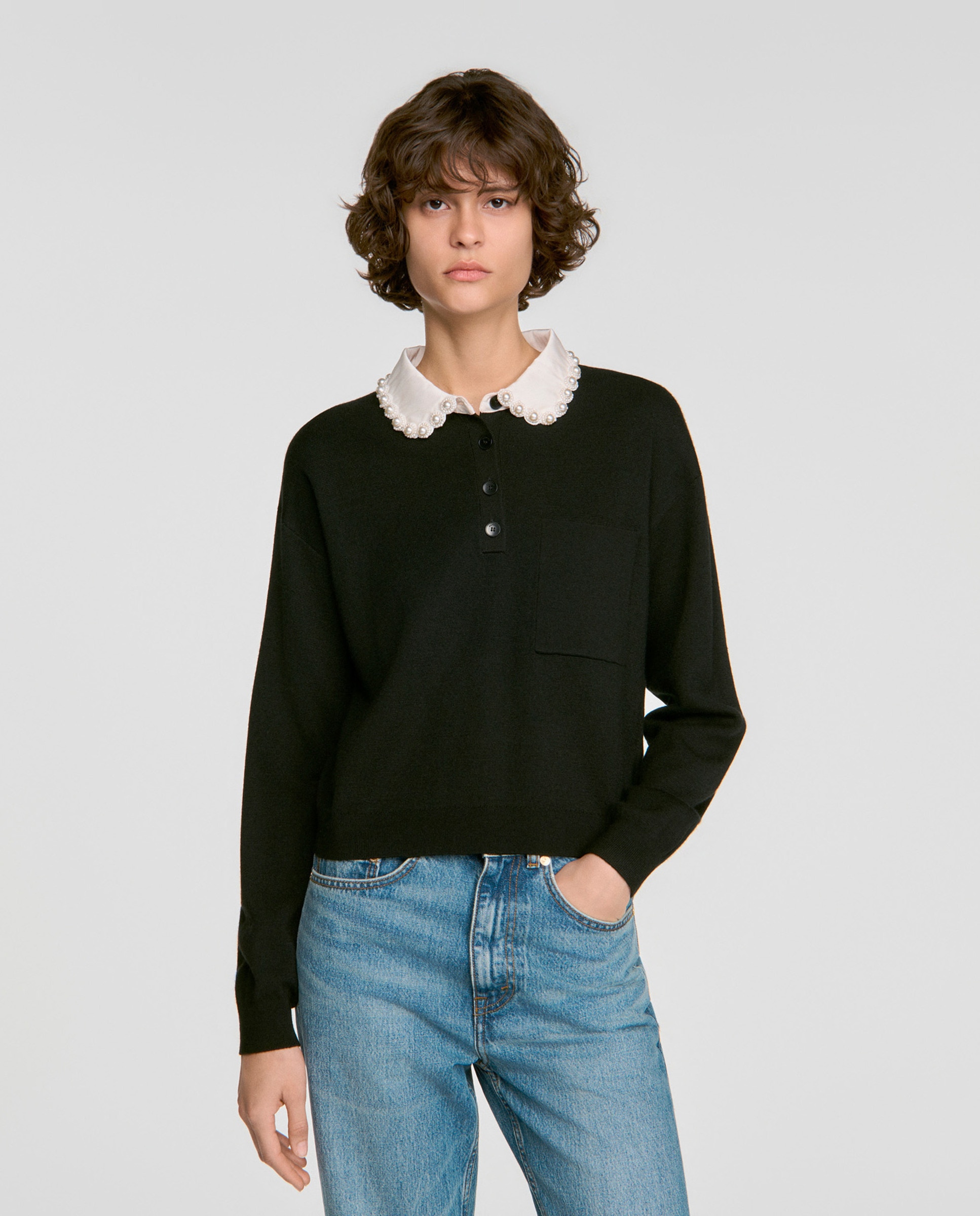 Jersey de mujer de lana con cuello polo, perlas y cierre abotonado - Sandro - Negro Negro-1