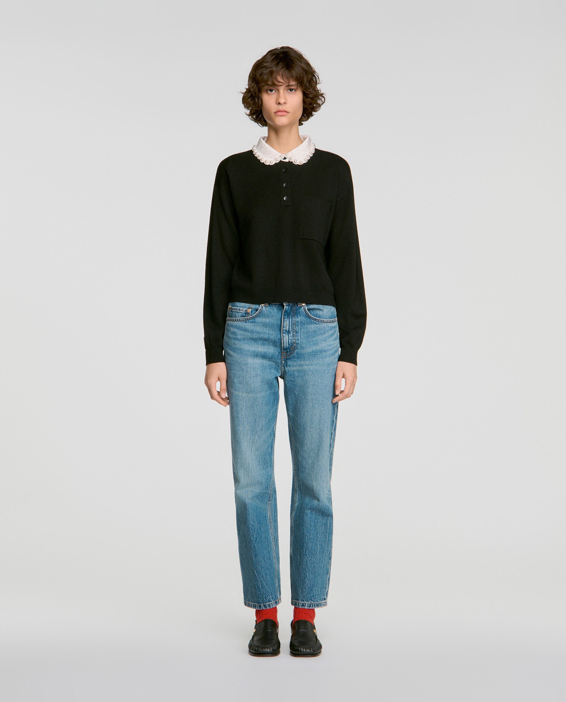 Jersey de mujer de lana con cuello polo, perlas y cierre abotonado - Sandro - Negro Negro-3