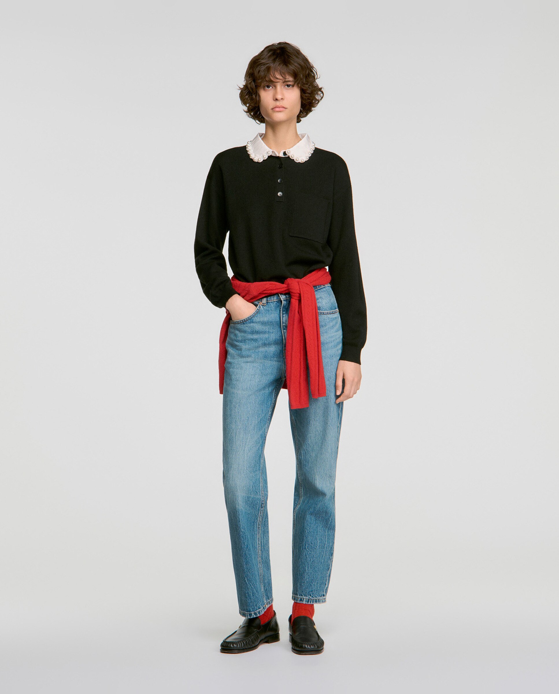 Jersey de mujer de lana con cuello polo, perlas y cierre abotonado - Sandro - Negro Negro-5