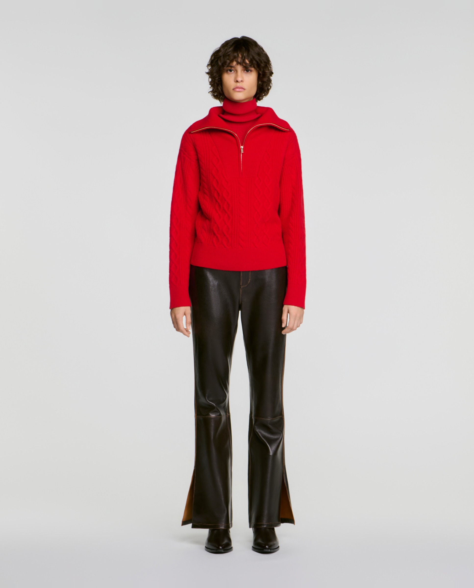 Jersey de punto de mujer trenzado cuello camionero con lana - Sandro - Rojo Rojo-3