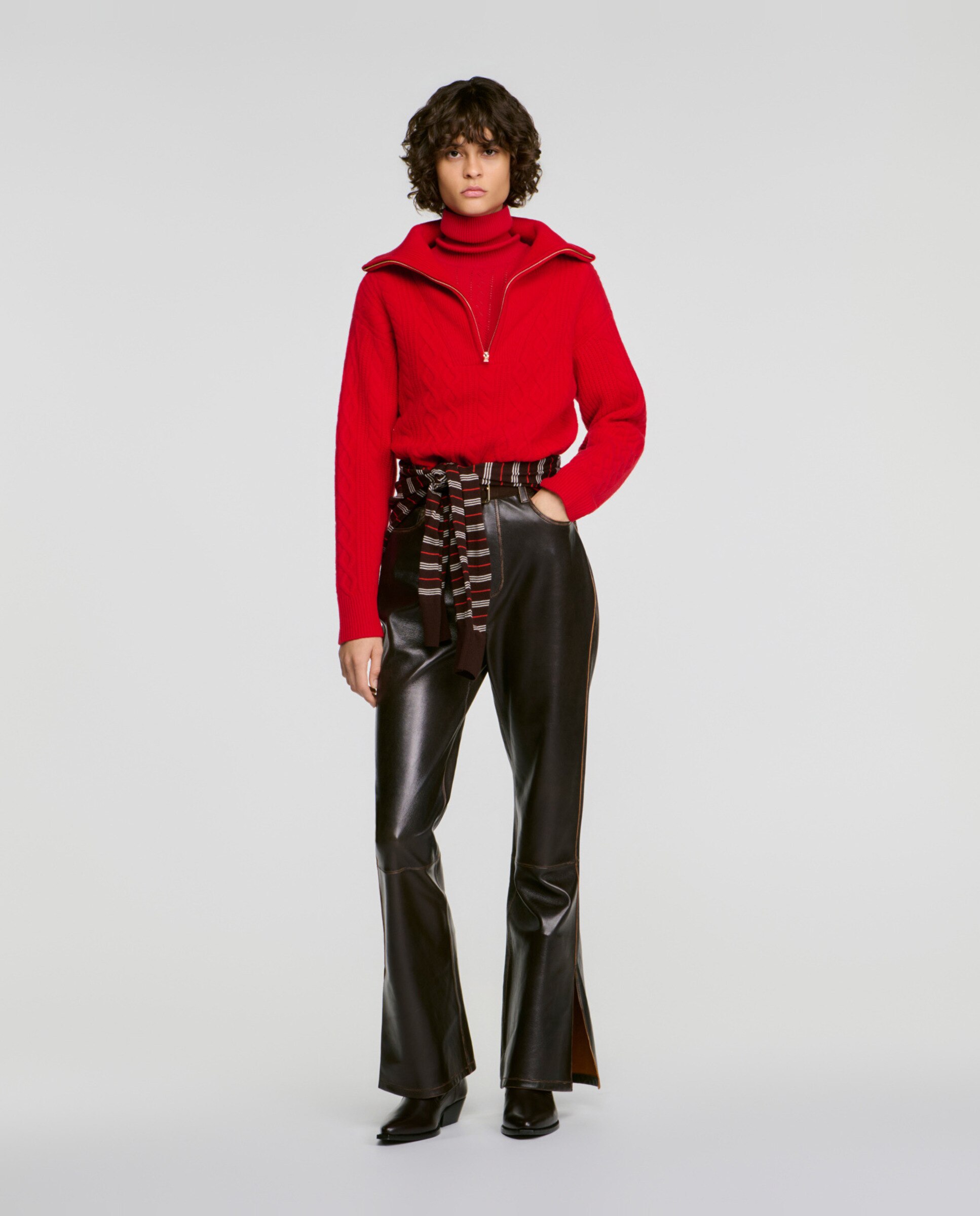 Jersey de punto de mujer trenzado cuello camionero con lana - Sandro - Rojo Rojo-5