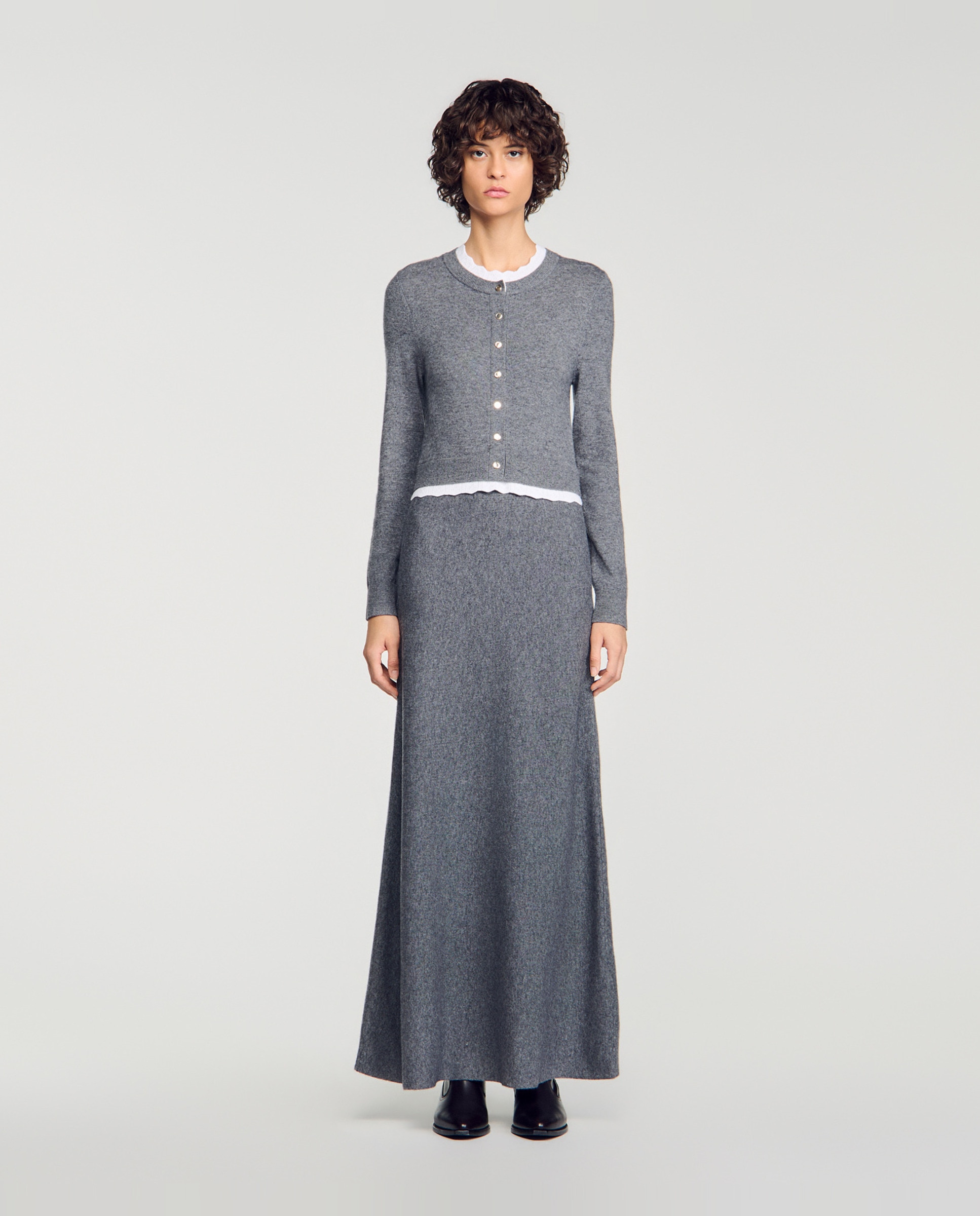 Imagen 0 de Vestido largo 2 en 1 de punto pointelle con lana y cachemira Gris