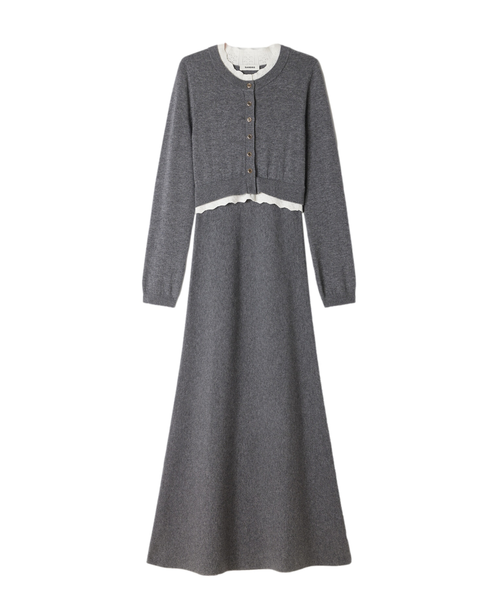 Vestido largo 2 en 1 de punto pointelle con lana y cachemira - Sandro - Gris Gris-6