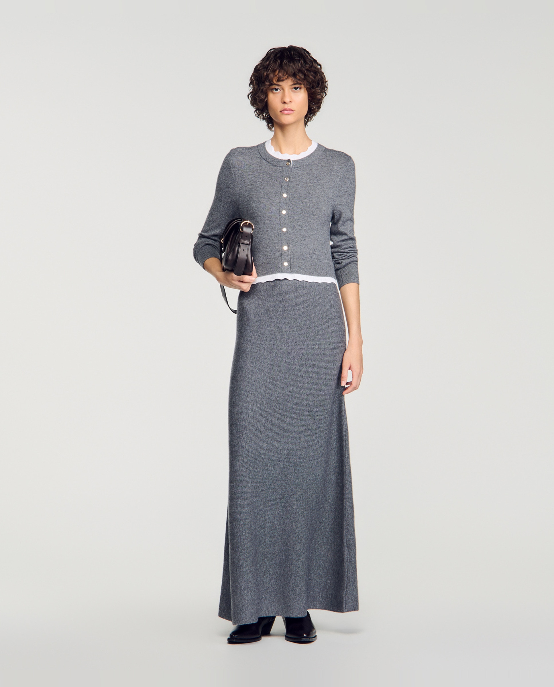 Vestido largo 2 en 1 de punto pointelle con lana y cachemira - Sandro - Gris Gris-4