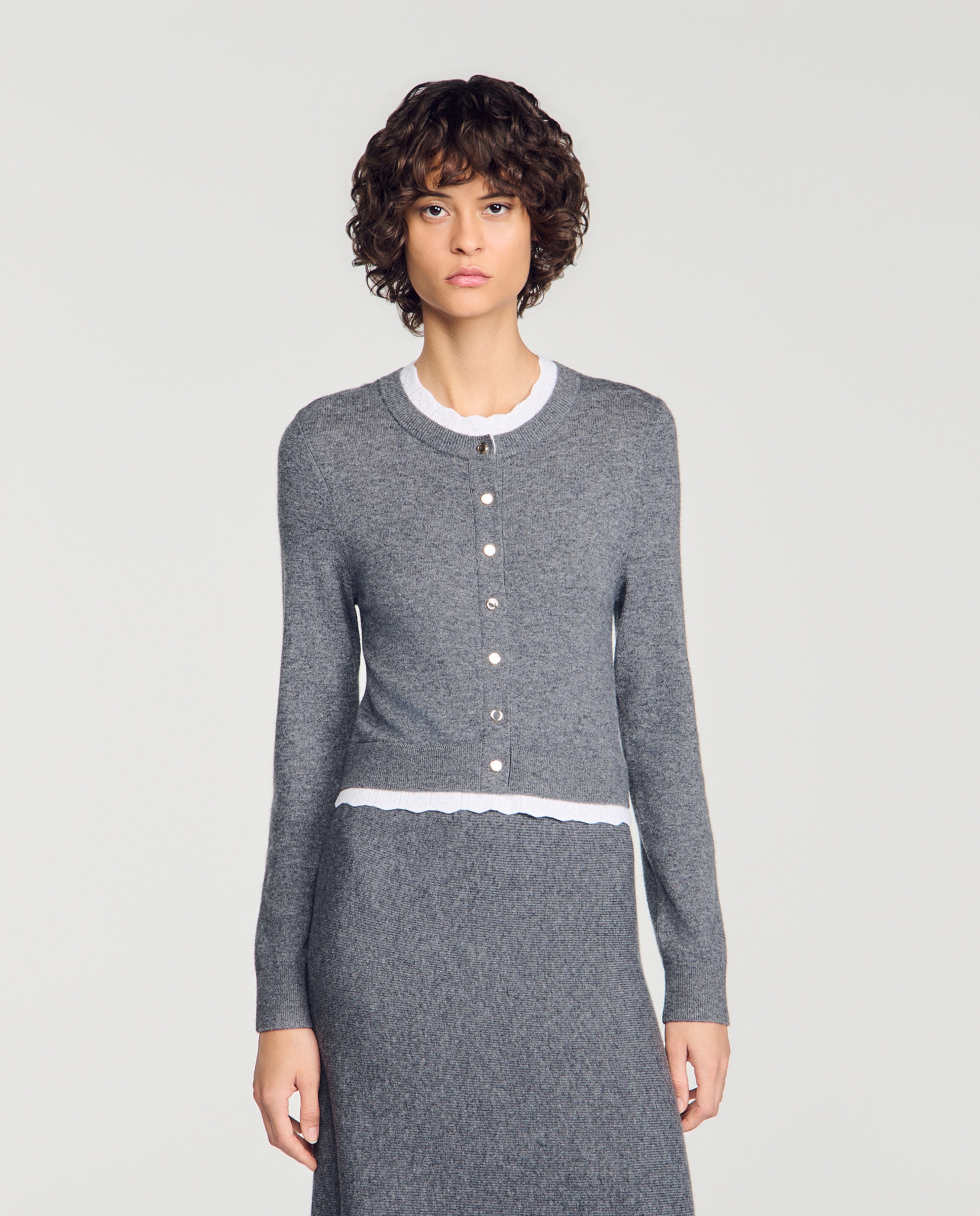 Vestido largo 2 en 1 de punto pointelle con lana y cachemira - Sandro - Gris Gris-5